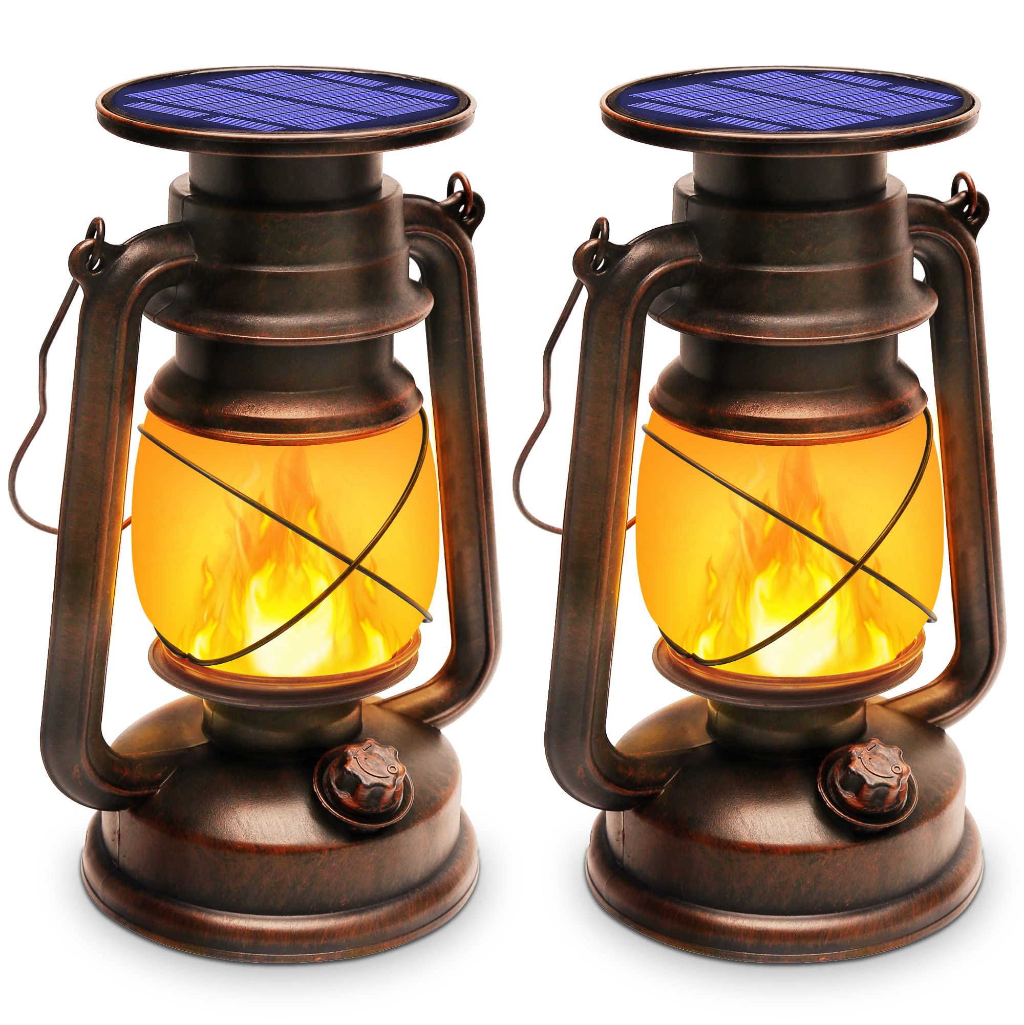 Solar Lantern Outdoor Waterproof,Led Vintage Flickering Flame Solar Lights,Camping Lamps,Solar Powered Hanging Rustic Heavy Duty Lantern Landscape Decor For Patio Garden Yard Deck Pathway,2Pack