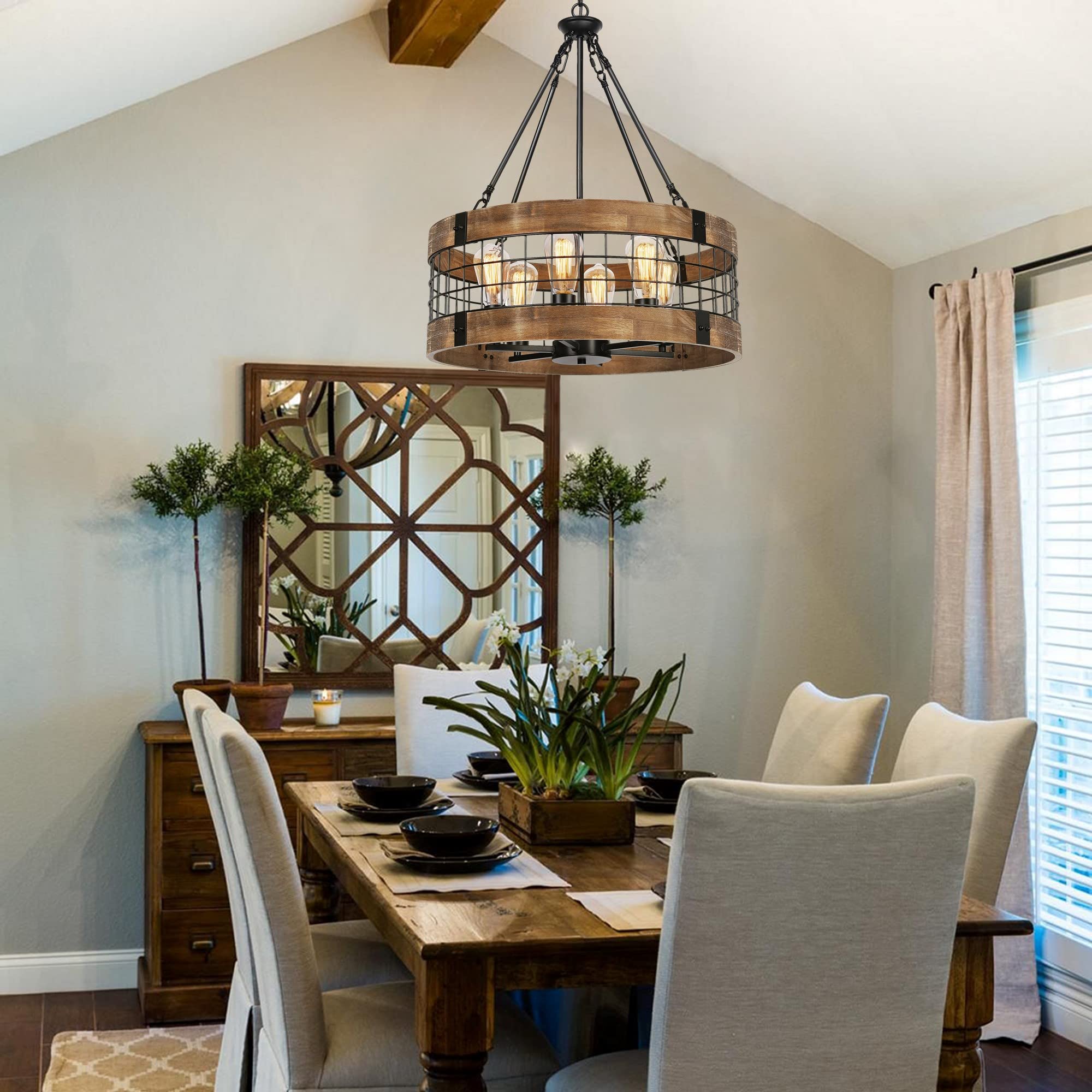 6-Light Farmhouse Wood Chandelier For Dining Room, Rustic Foyer Light Fixtures, Industrial Drum Hanging Lights For Kitchen Islan