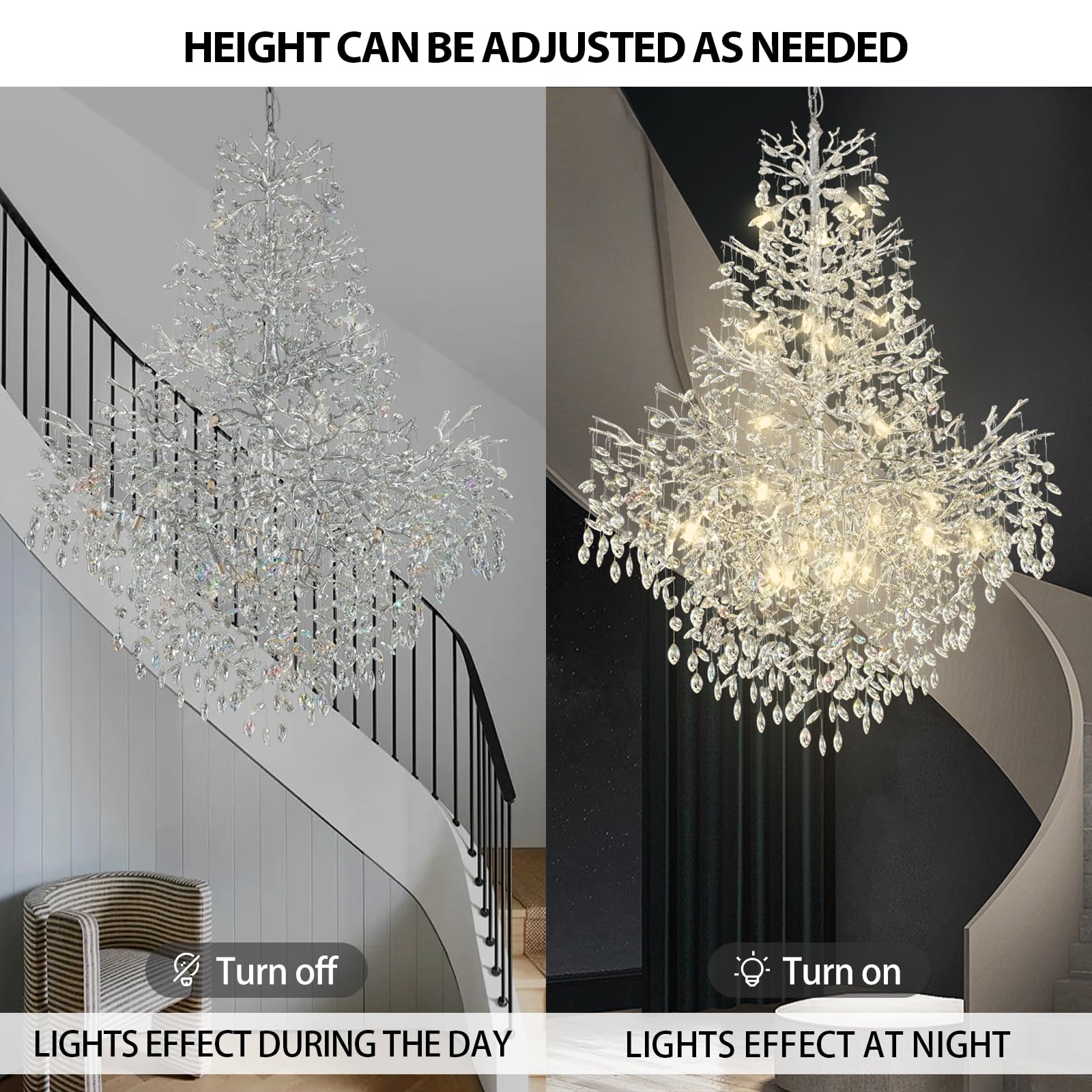 Kvtinmty H65'' Silver Tree Branch Crystal High Ceiling Chandelier, Modern Crystal Staircase & Foyer Chandelier For Large Living