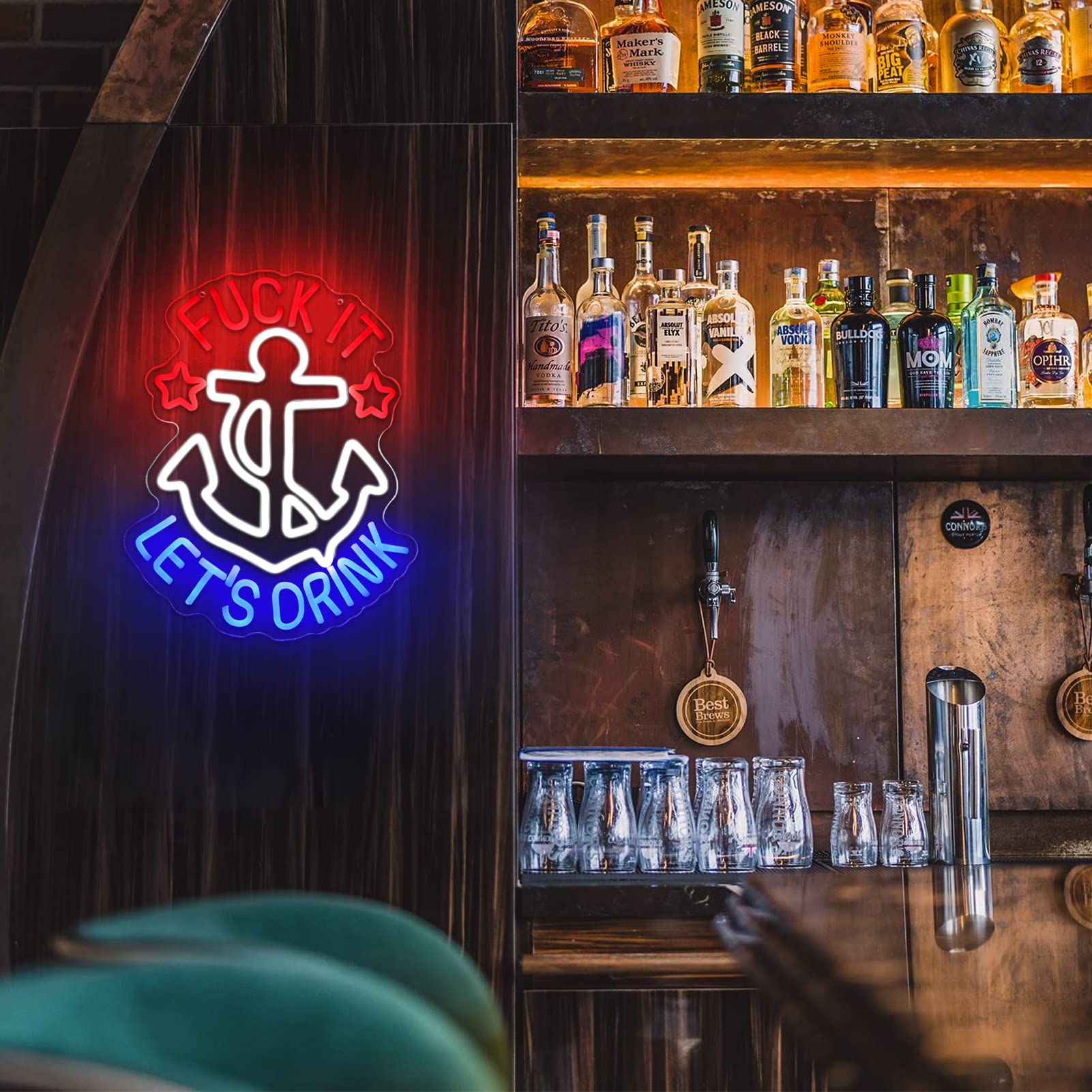 JFLLamp Neon Sign for Wall Decor, inLets Drinkin, 14.5x16 inches, Plastic, Red/White/Blue, Model NS-IT LETS DRINK