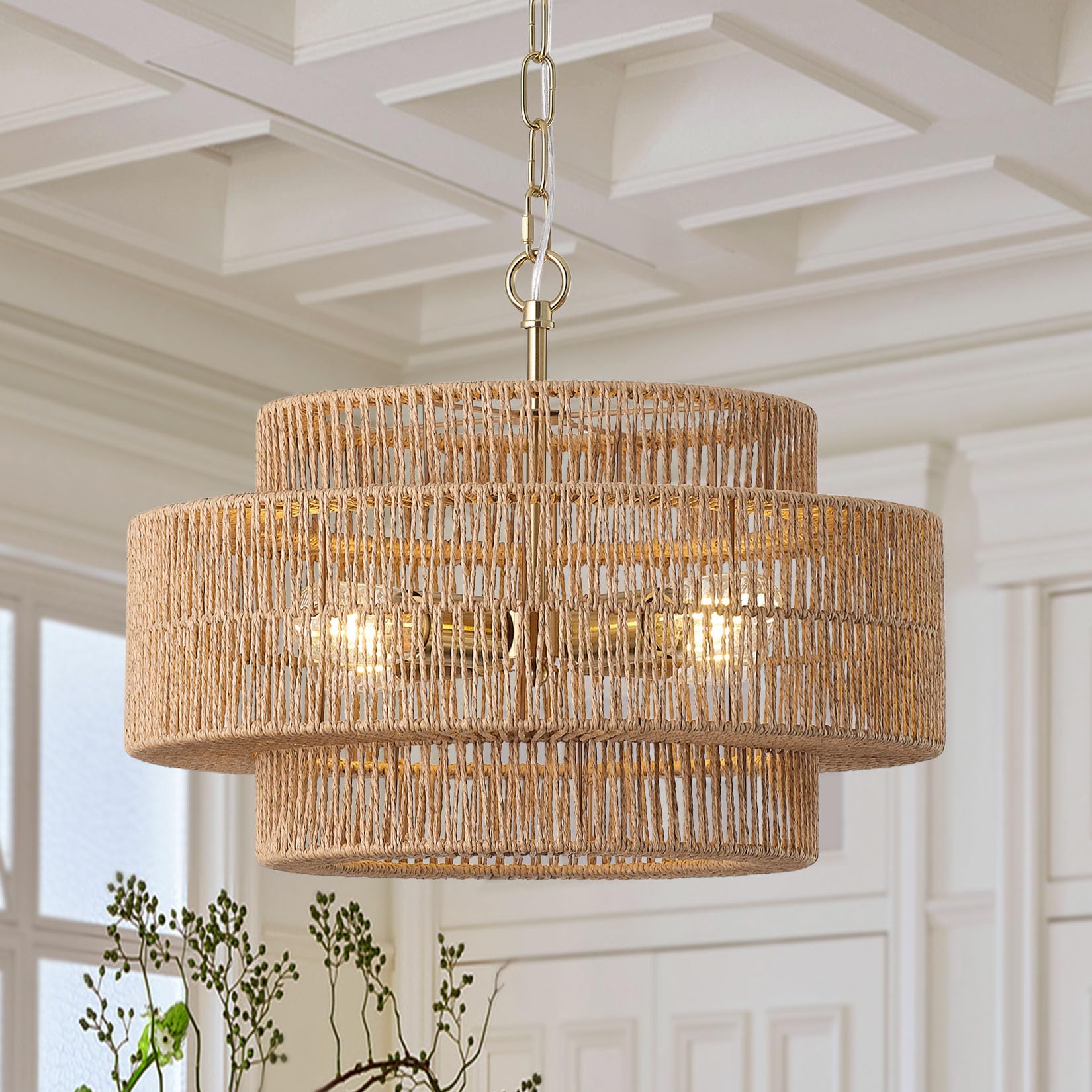 Giutna 17.7''Large Boho Rattan Farmhouse Chandeliers For Dining Room,4-Light Rattan Hand-Woven Rustic Drum Chandelier Pendant Li