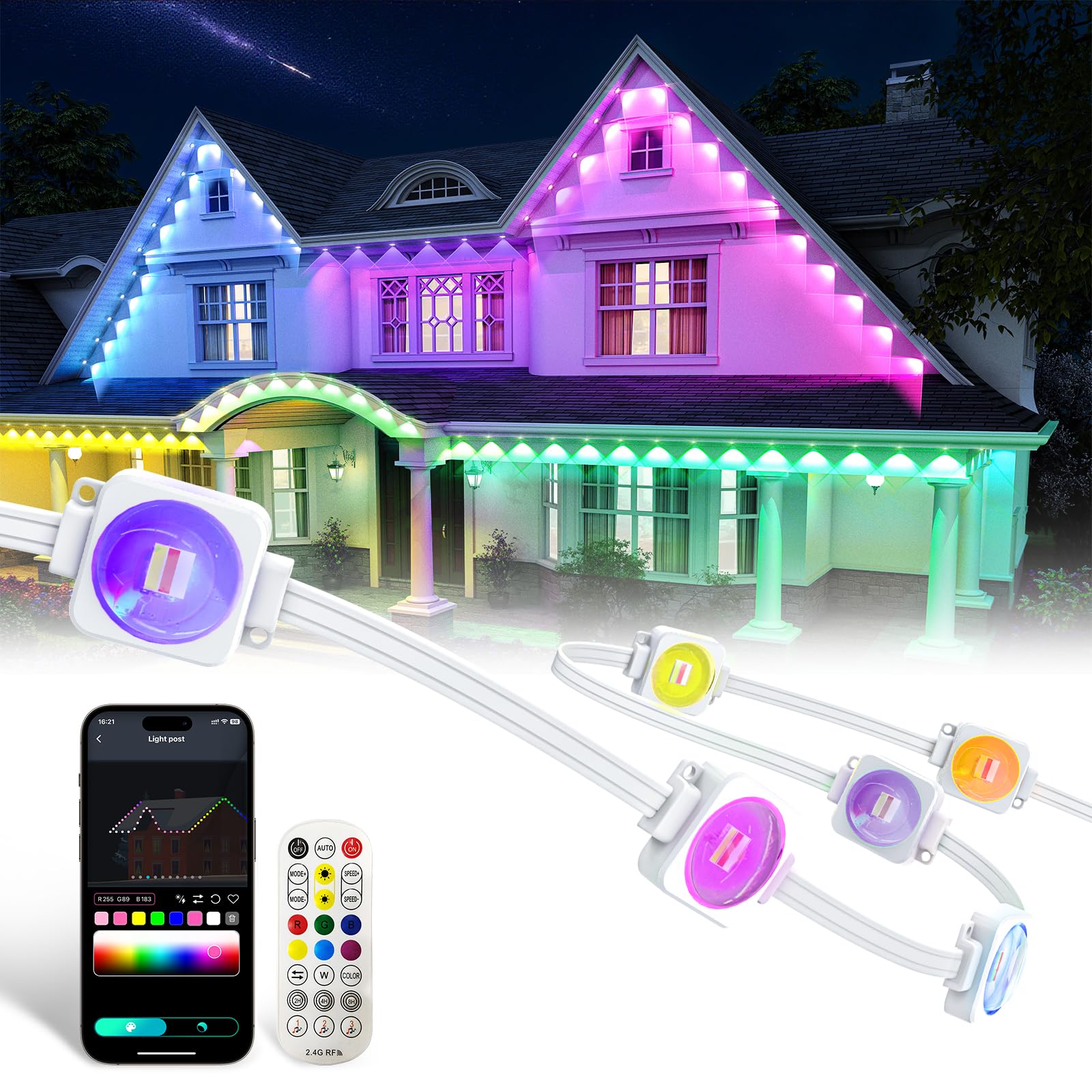 Mimirgb Permanent Outdoor Lights 100Ft Rgb Ic Outdoor Lights With 60 Led Lights For House Roof Christmas Holiday Party Daily Lighting Ip67 Waterproof Eaves Light With Multi Scene Modes For Halloween