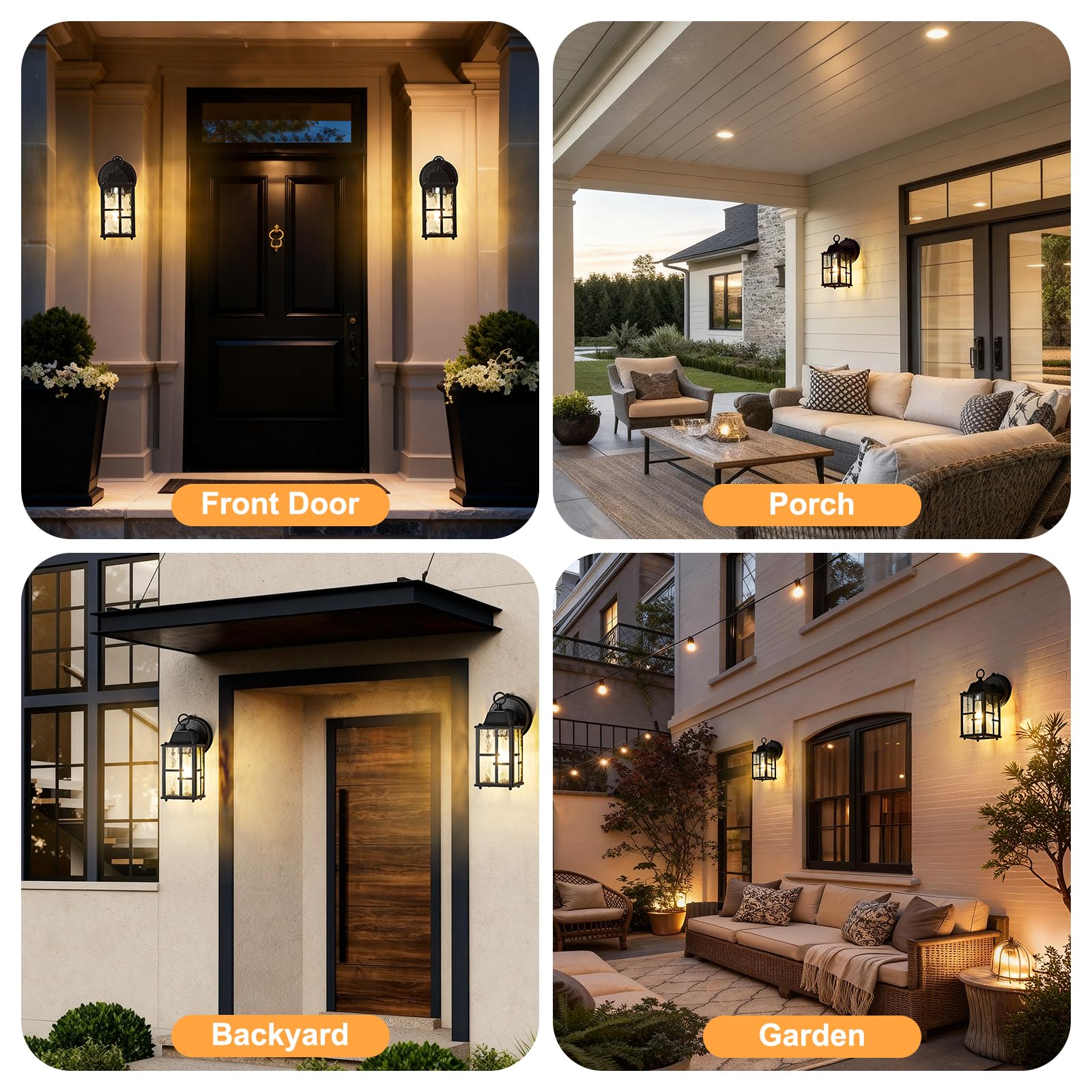 OKELI 2-Pack Dusk to Dawn Outdoor Wall Lights, Aluminum, 9.3", Weatherproof, Black & Gold-Trim, Model OK100-S2P-BG