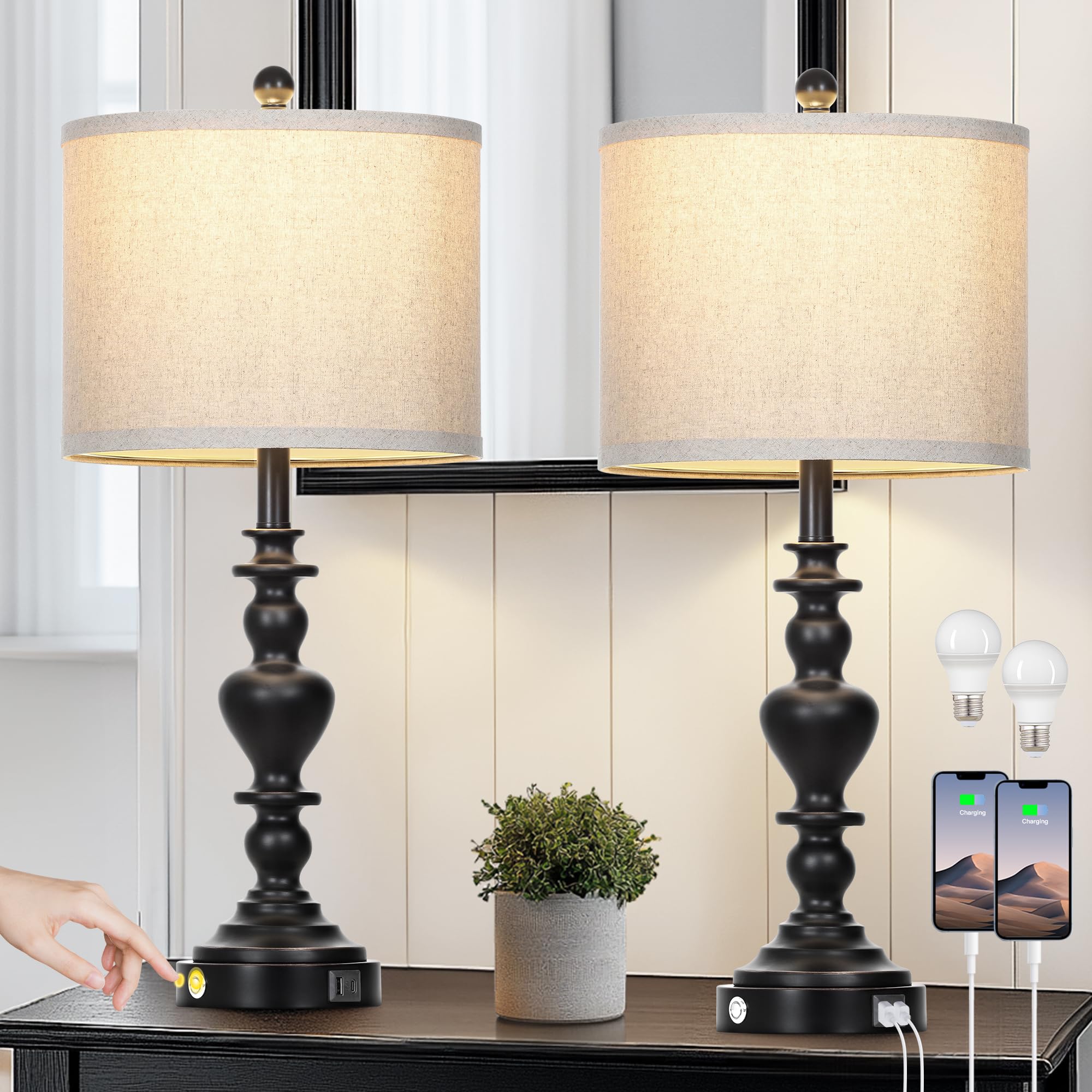 27'' Farmhouse Vintage Lamps Set of 2 with USB C+A Ports & AC Outlets, Black Rustic Touch Control Table Lamp for Living Room, 3-