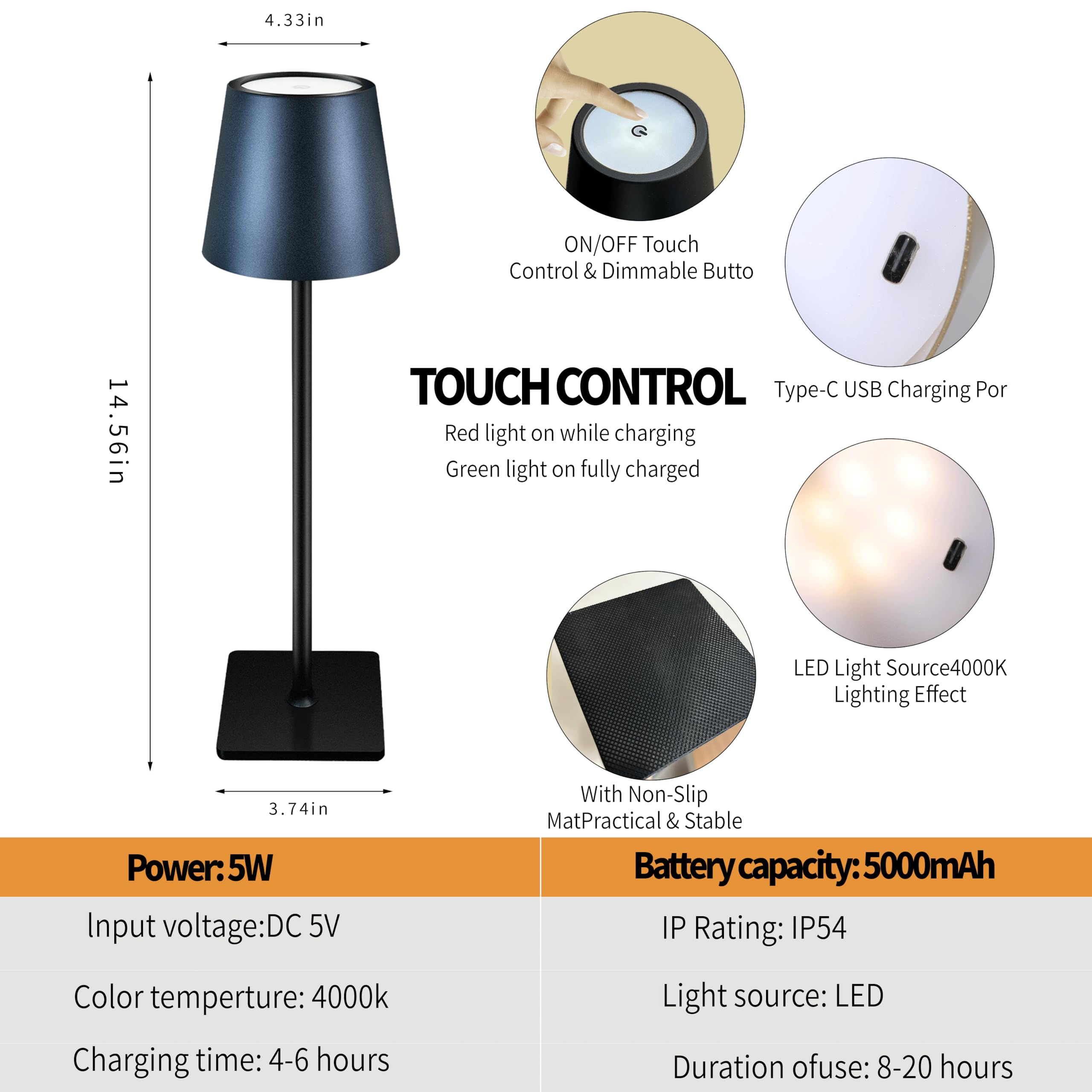 LAYSHINEEN Led Table Lamp, Cordless, 3 Colors Stepless Dimming, 5000mAh Rechargeable, Black-2, Model IA0010