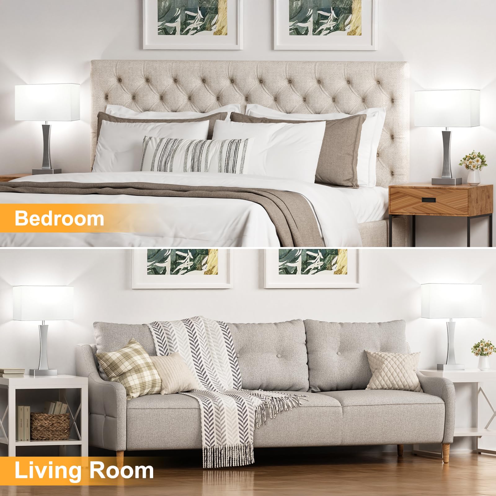 Seealle Bedside Lamps Set of 2 - 3 Way Dimmable, Touch Control, USB C+A Ports, Metal, Silver
