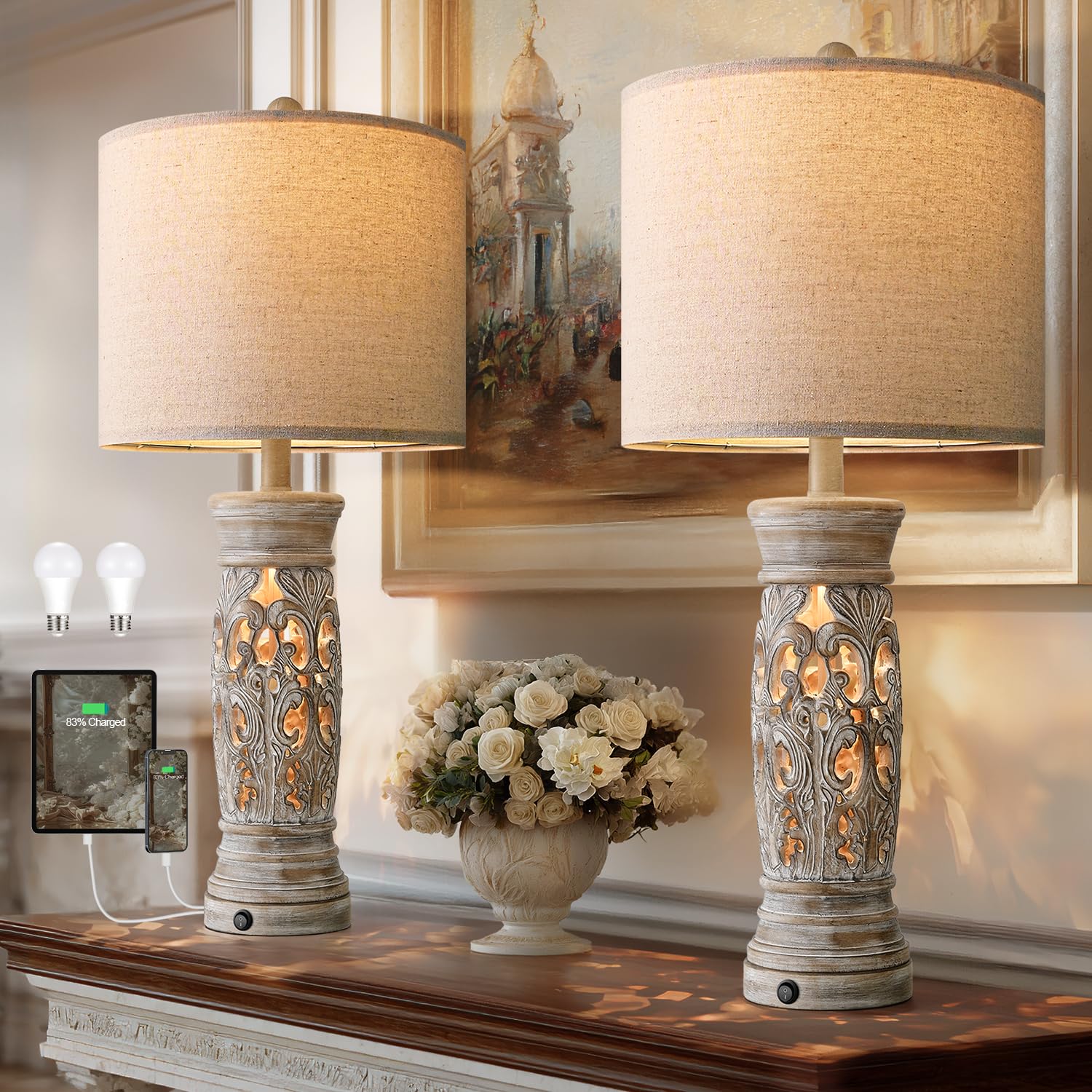 BOBOMOMO 27.25  Rustic Farmhouse Table Lamps Set of 2 - Vintage Bedside Lamps with Night Light & USB A+C Ports  Retro Lamps for Bedroom  Living Room  Entryway  Cozy Corner (Bulbs Included)