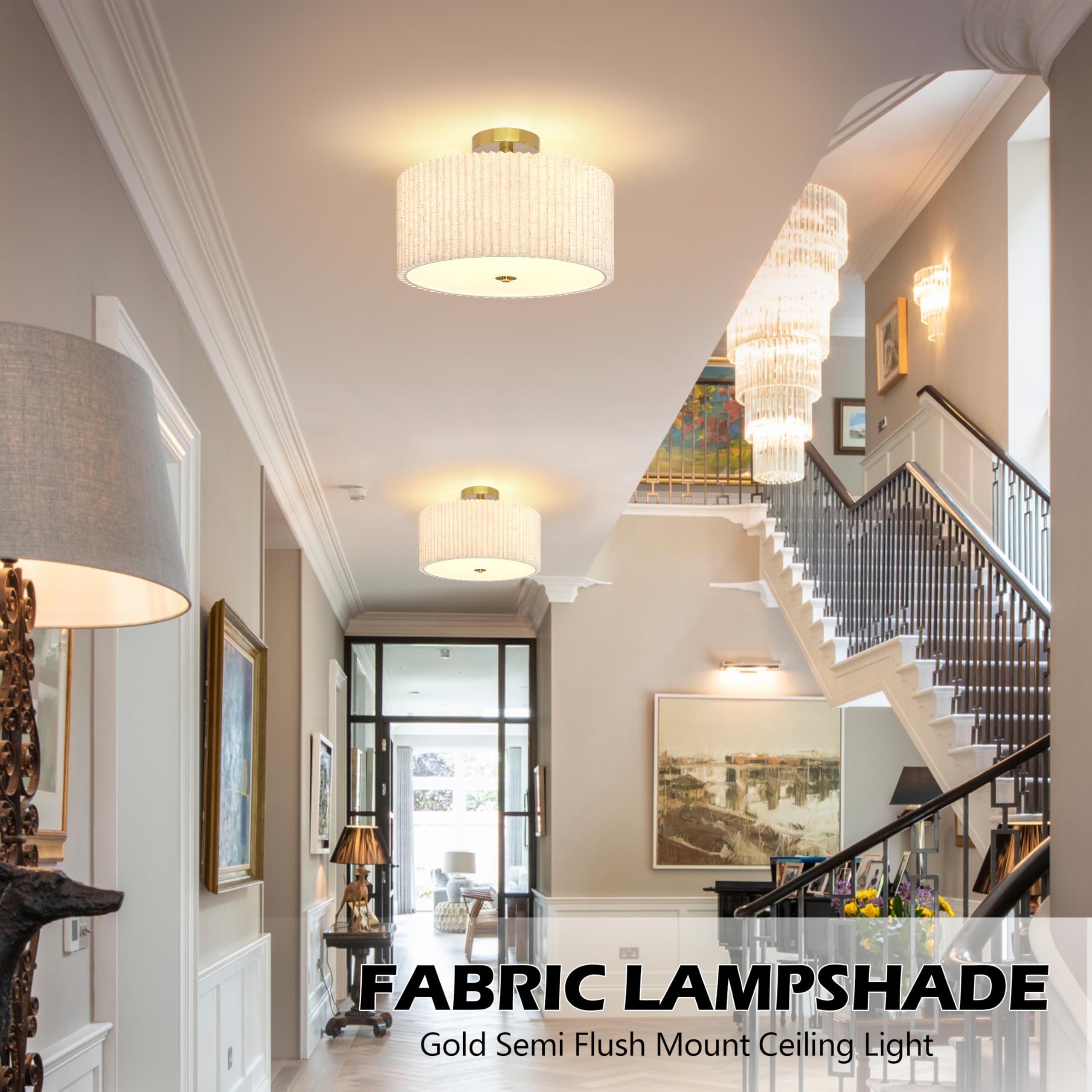 3 Light Semi Flush Mount Ceiling Light Fixture Drum Ceiling Light With Pleated Fabric Shade Gold Semi Flush Mount Ceiling Light