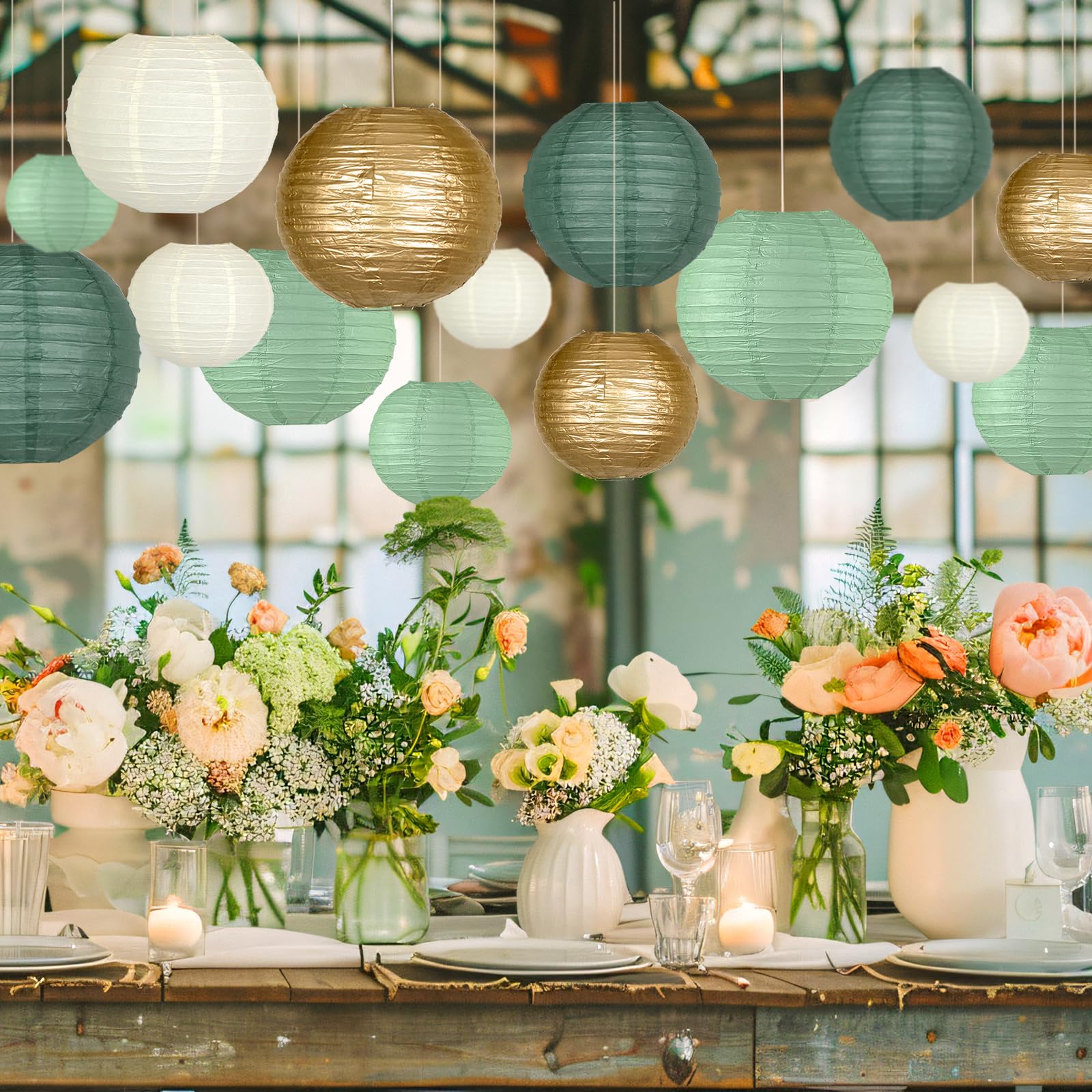 Paper Lanterns Decorative, Round Paper Lanterns Decorations Sage Green/Forest Green/Gold/White For Rustic Party Sage Green Birth