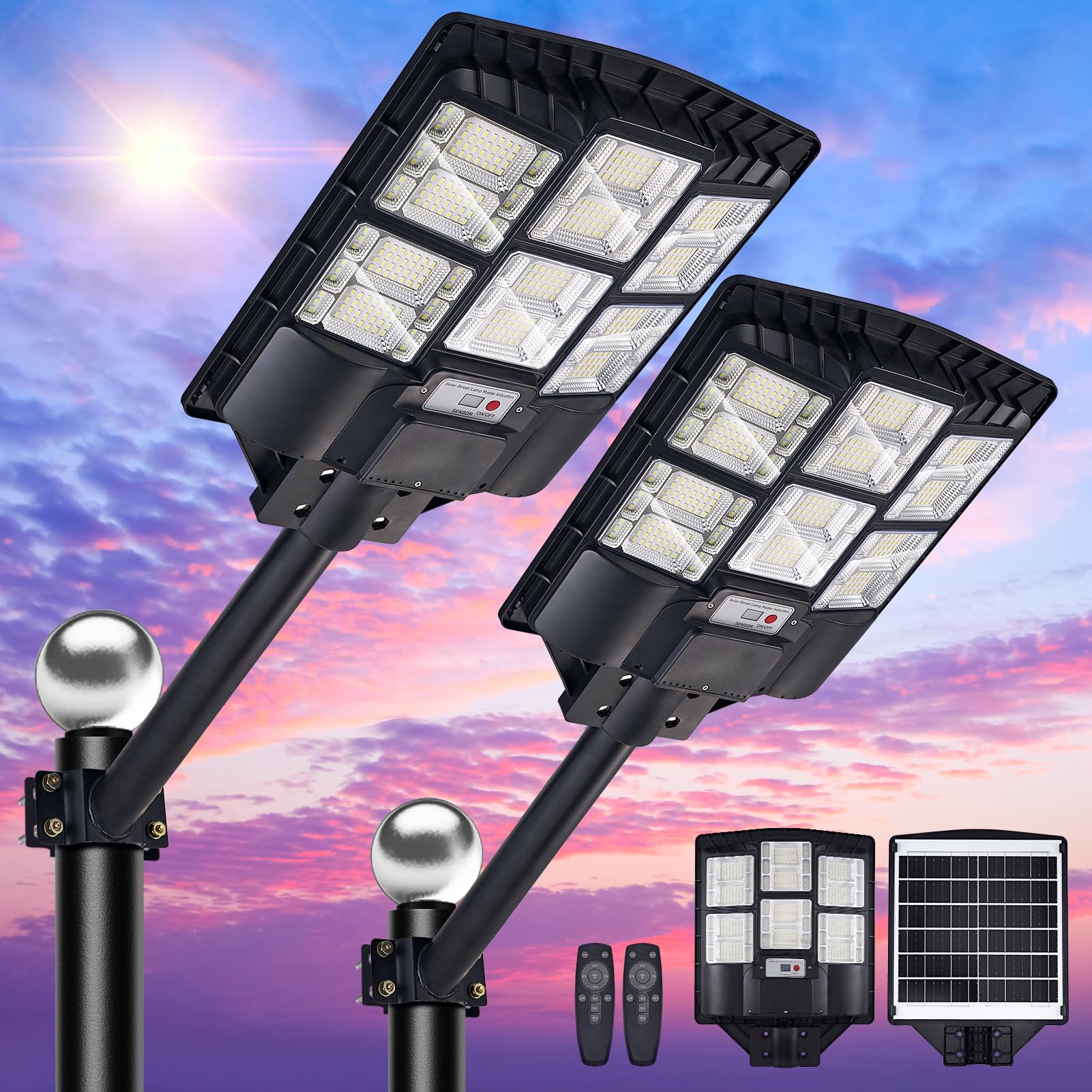 2-Pack 800W Solar Street Lights, 80000LM Dusk to Dawn Solar Parking Lot Lights IP66 Waterproof, 7000K Led Solar Flood Light Outd