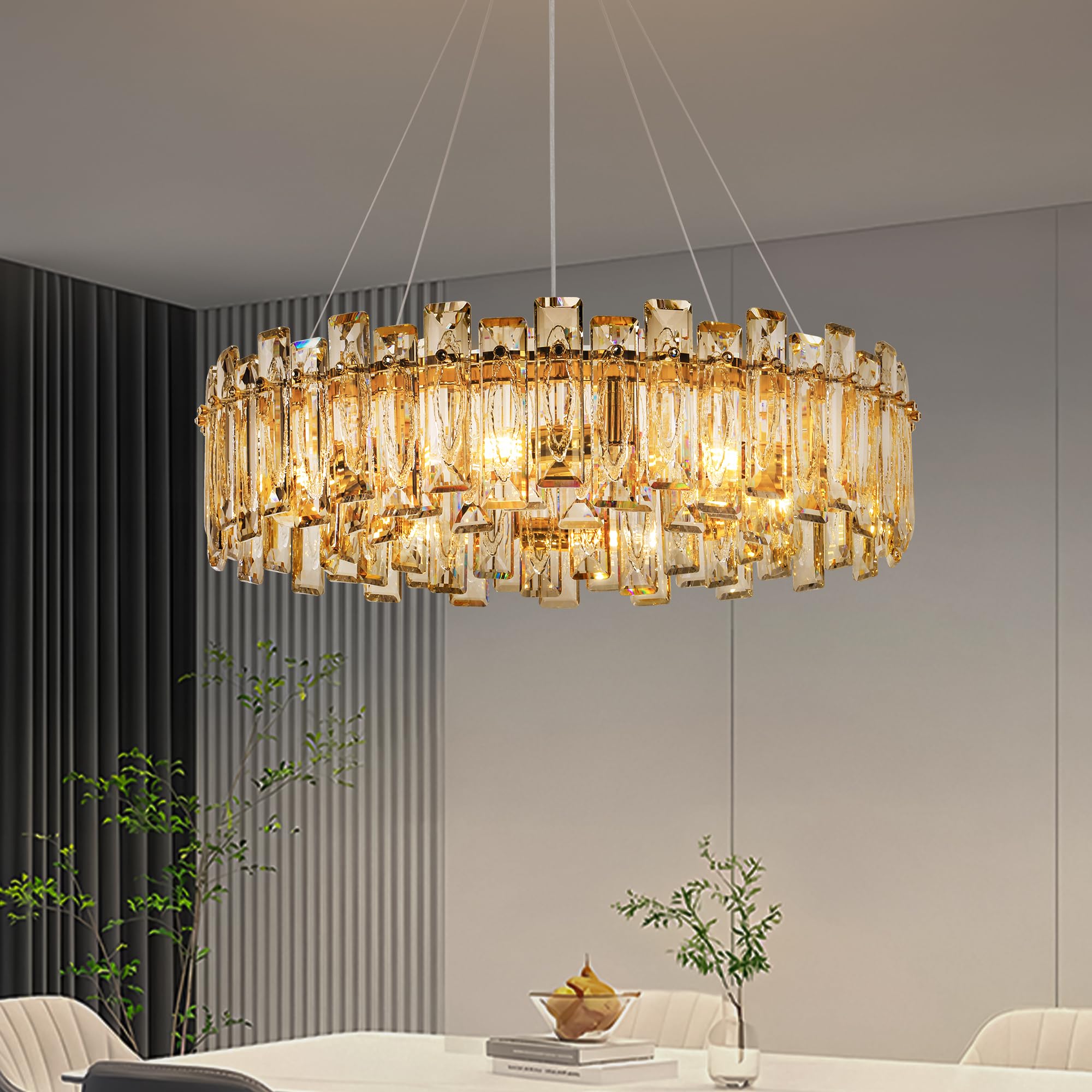 Puvaue Modern Elegant K9 Crystal Chandelier 10-Lights Gold Round Pendant Light Easy Install Ceiling Hanging Light Fixture for Dining Living Room Kitchen Island Entryway Foyer D31.5