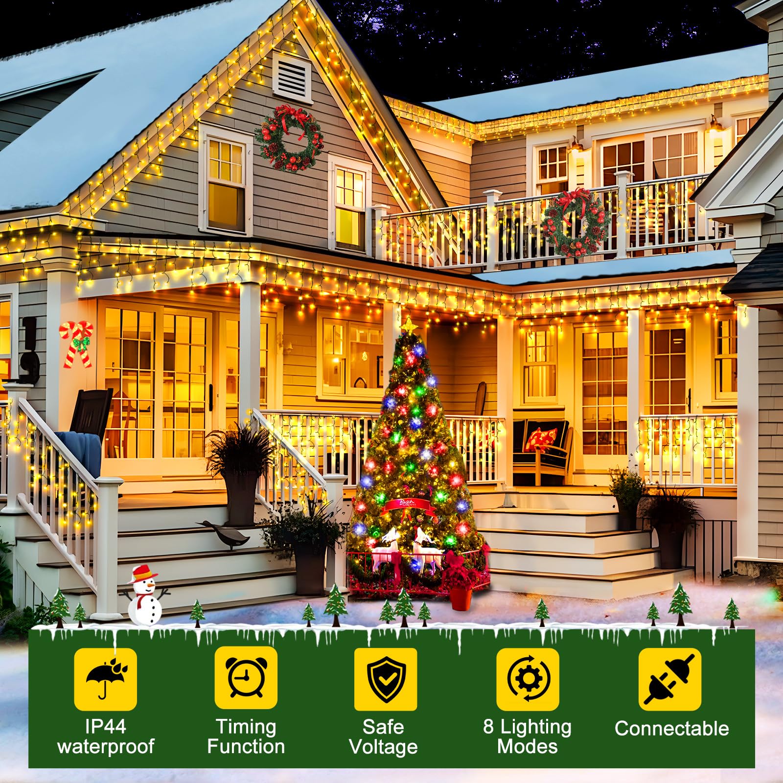 KNONEW 33FT 400 LED Christmas Lights Outdoor Black Wire, Warm White, 8 Lighting Modes, Timer, Connectable, Model KN-1000-LIG168-01