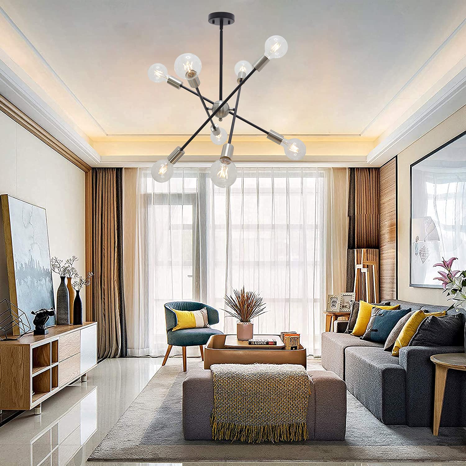 BONLICHT 8 Lights Sputnik Chandelier Pendant Light, Black and Brushed Nickel, Model 3003-10BR, Mid Century Modern Industrial Style