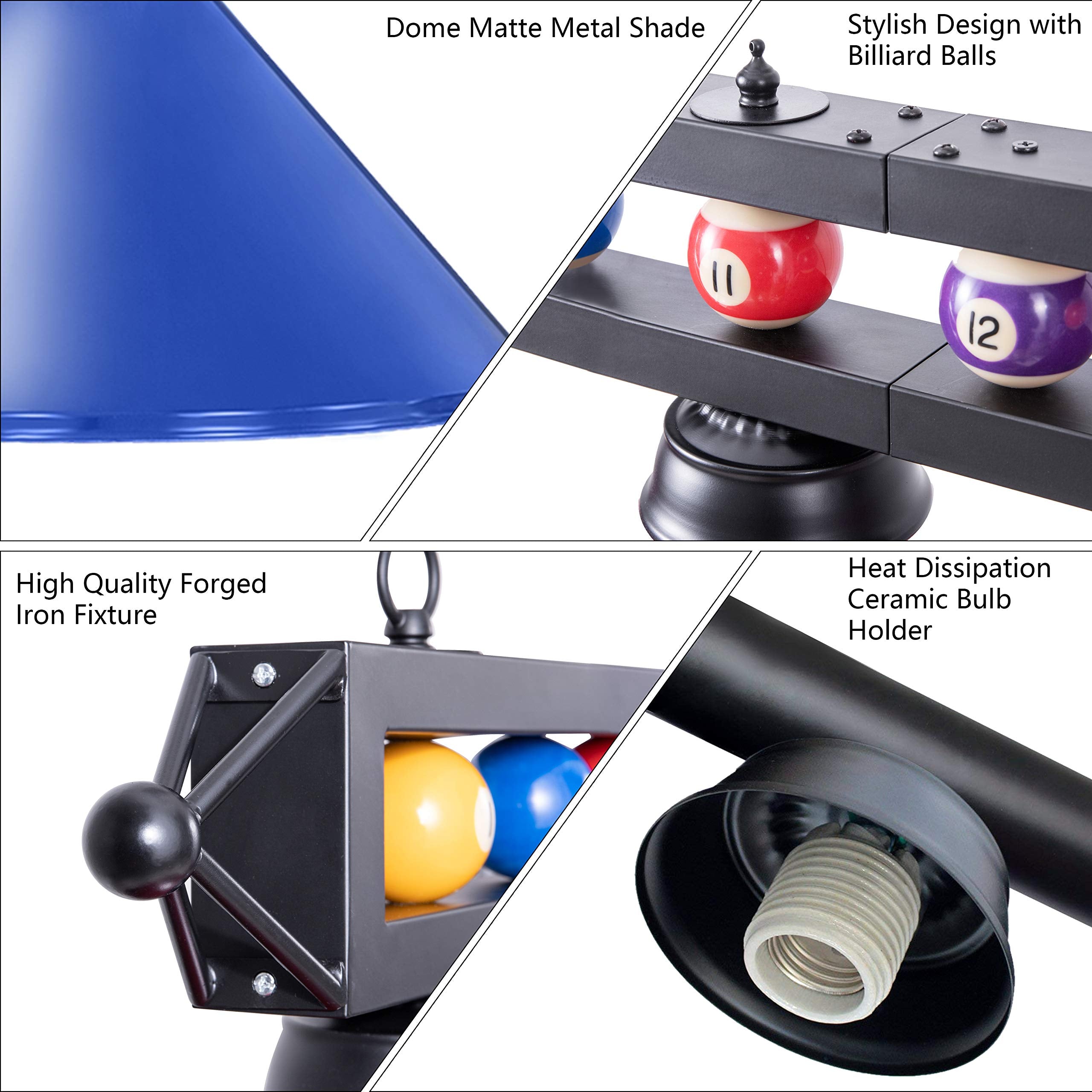 Wellmet 59'' Hanging Pool Table Light Fixture For Game Room Beer Party, Ball Design Metal Billiards Light With 3 Lamp Shades, Su