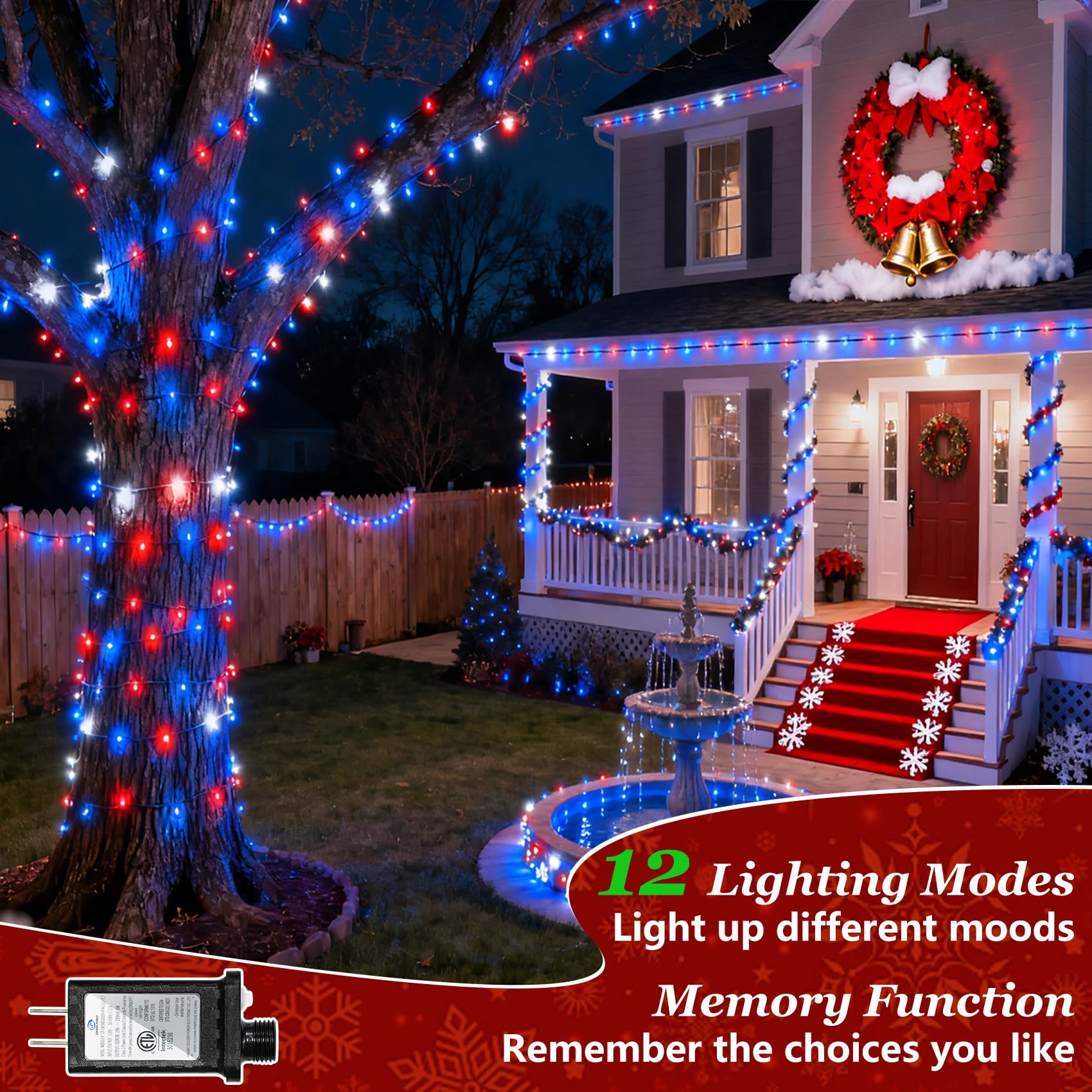 1500 Led 470Ft Christmas Lights Outdoor  Christmas String Fairy Lights With Timer & Memory  Waterproof 12 Modes Dimmable Twinkle Tree Lights For Home Patio Wedding Party Yard Decor  Red White & Blue