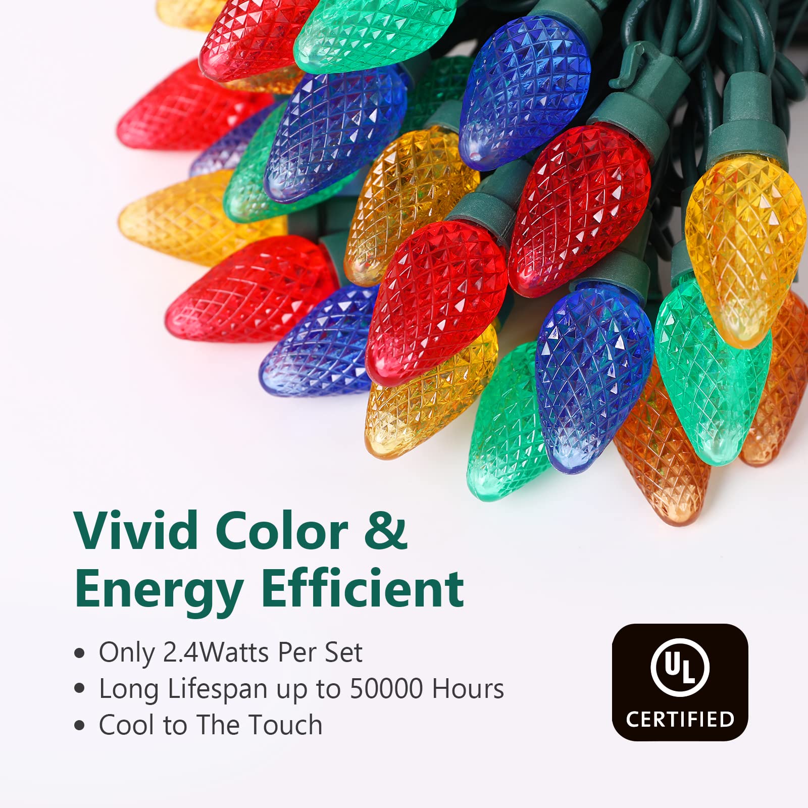 Topkda C7 Led Christmas String Lights, 25.16Ft 50 Led Connectable Outdoor & Indoor Decorative Light Strand, Multicolor Xmas Holi