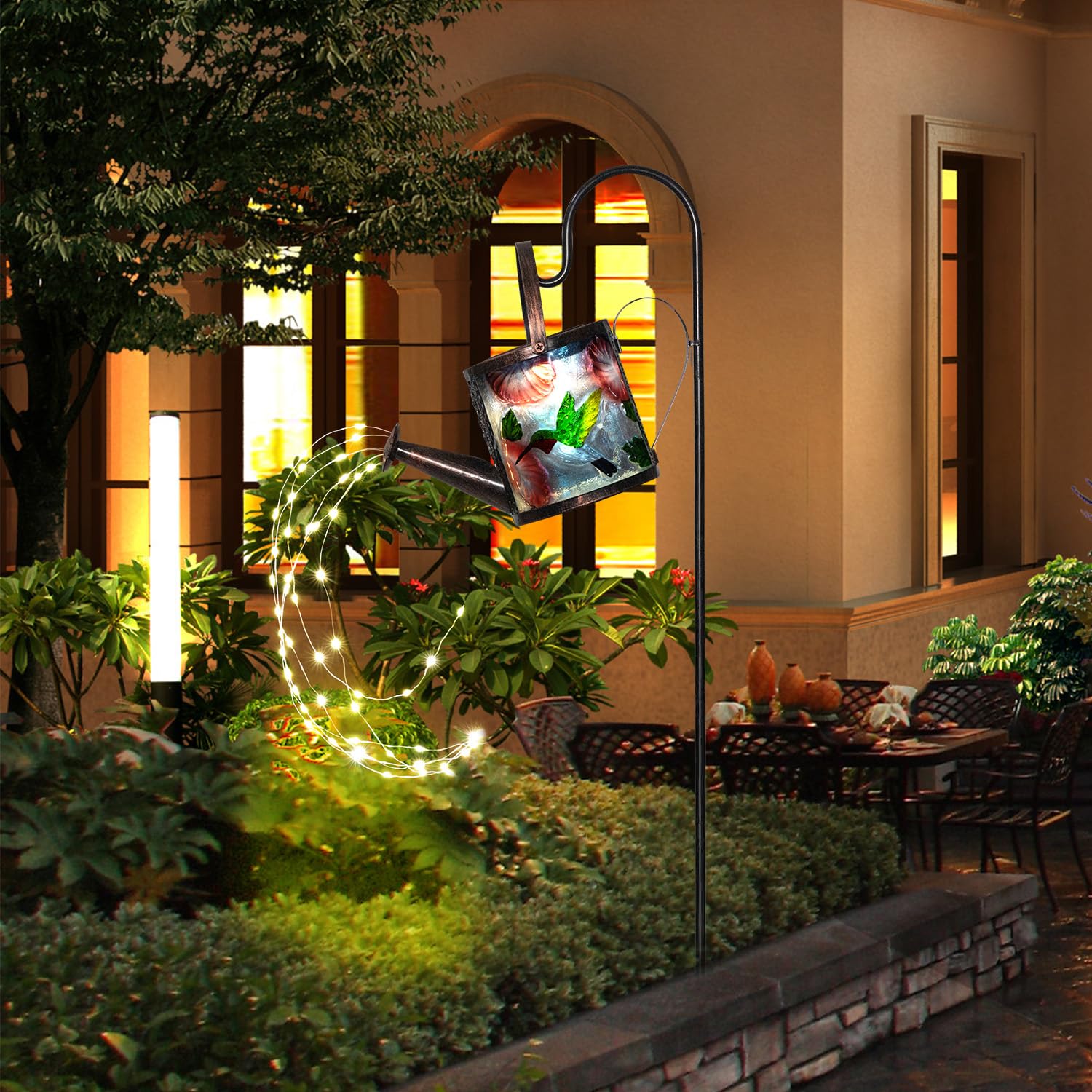 Solar Outdoor Landscape Lights-Waterproof 3D Hummingbird Watering Can Stake Lights With Warm Led For Garden Patio Decoration (Hu