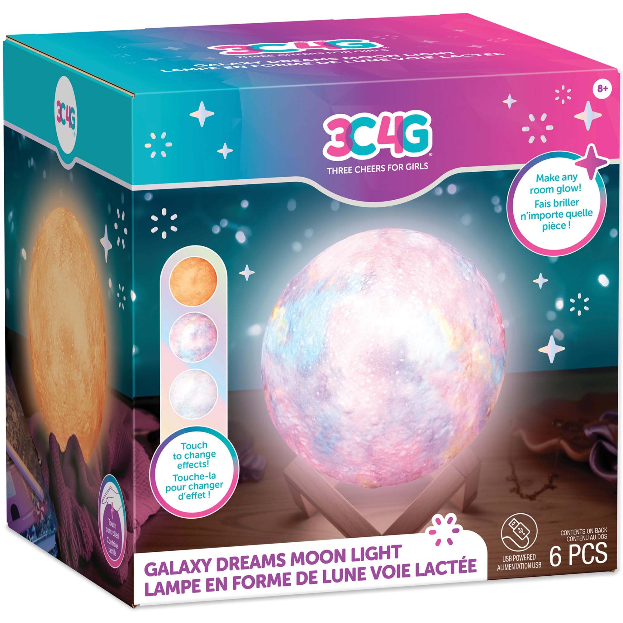 3C4G: Galaxy Dreams Moon Light - 6pcs, Touch to Change Effects, USB Powered, Make Any Room Glow, Three Cheers for Girls, Kids Ag