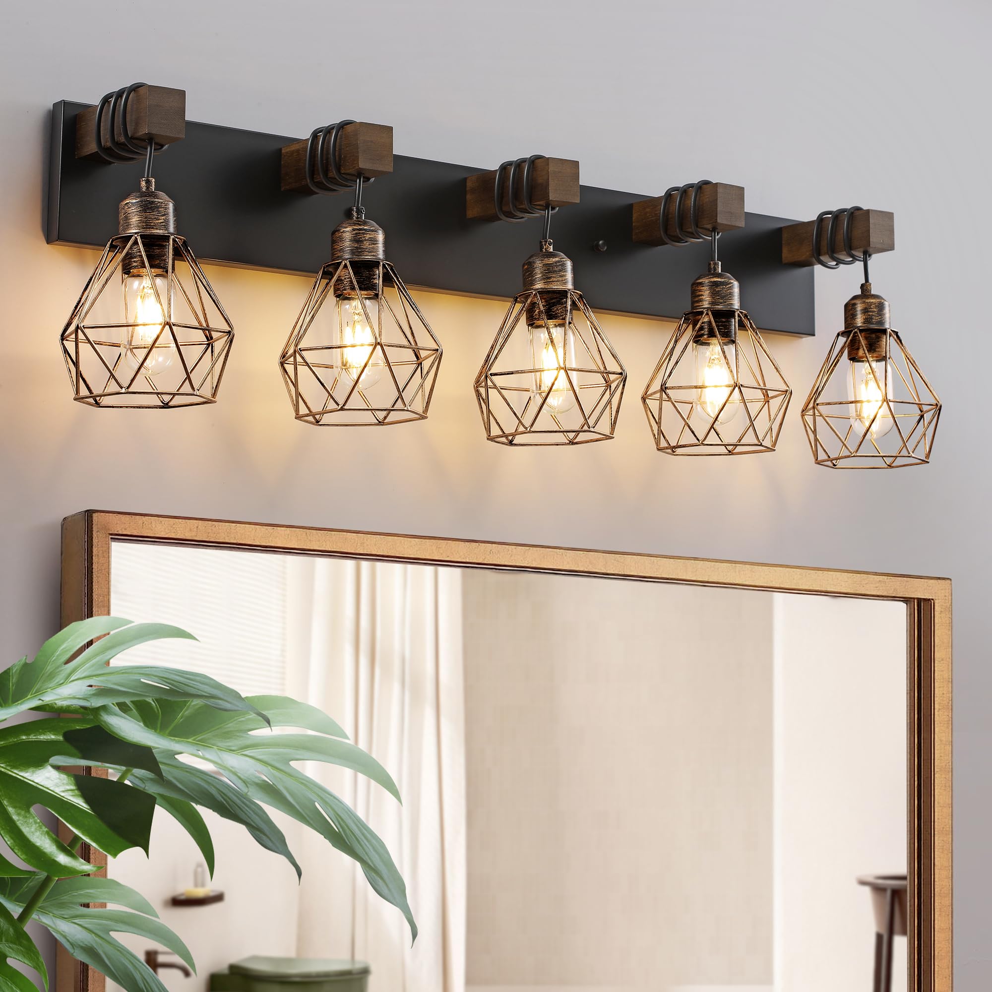Farmhouse Bathroom Light Fixtures, 5-Light Bathroom Lighting Fixtures Over Mirror, Rustic Wood Black Gold Vanity Lights Wall Sco