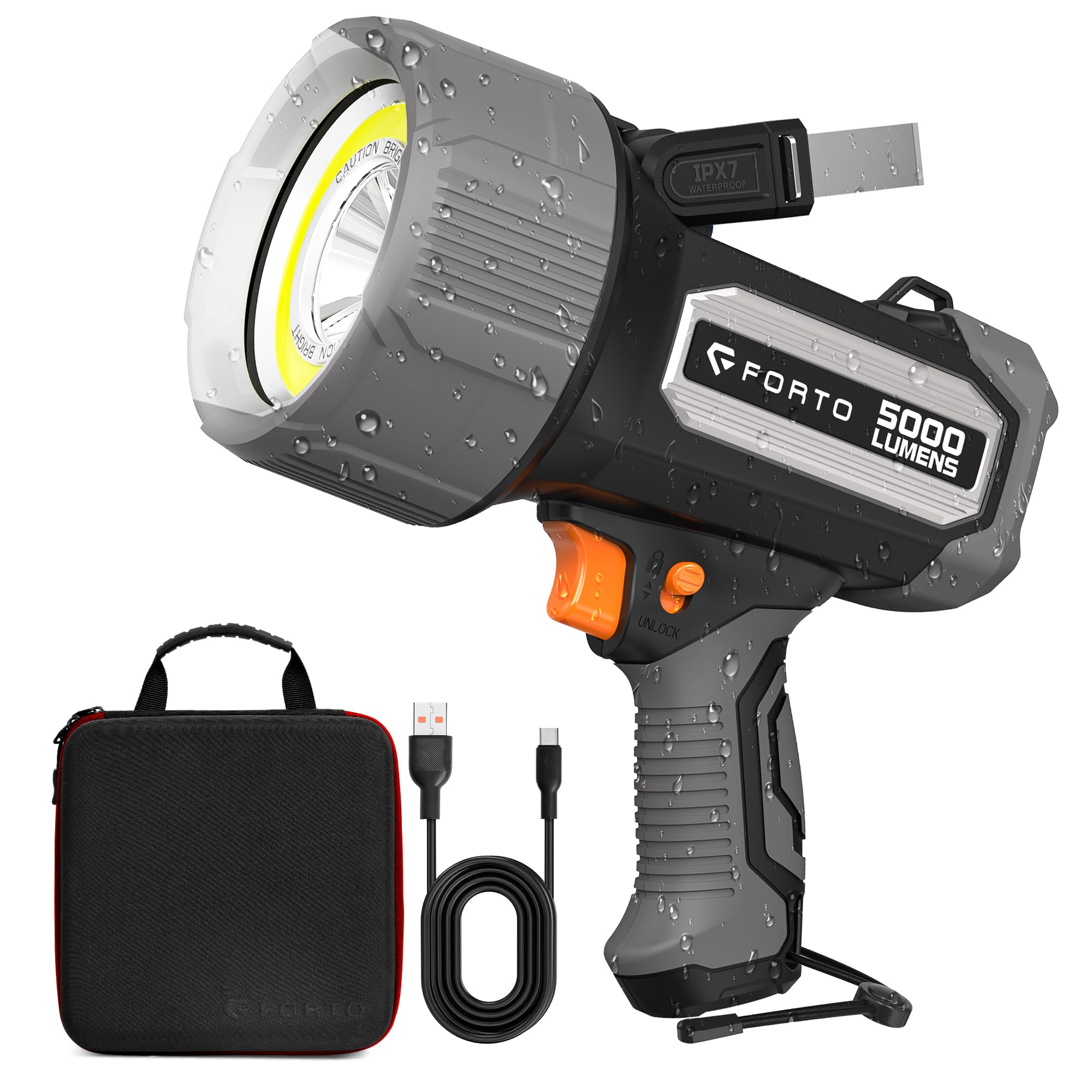 FORTO Rechargeable Spotlight 5000 Lumen Waterproof Handheld Flashlight Model SPT5000 Black with EVA Carrying Case and 7 Light Modes