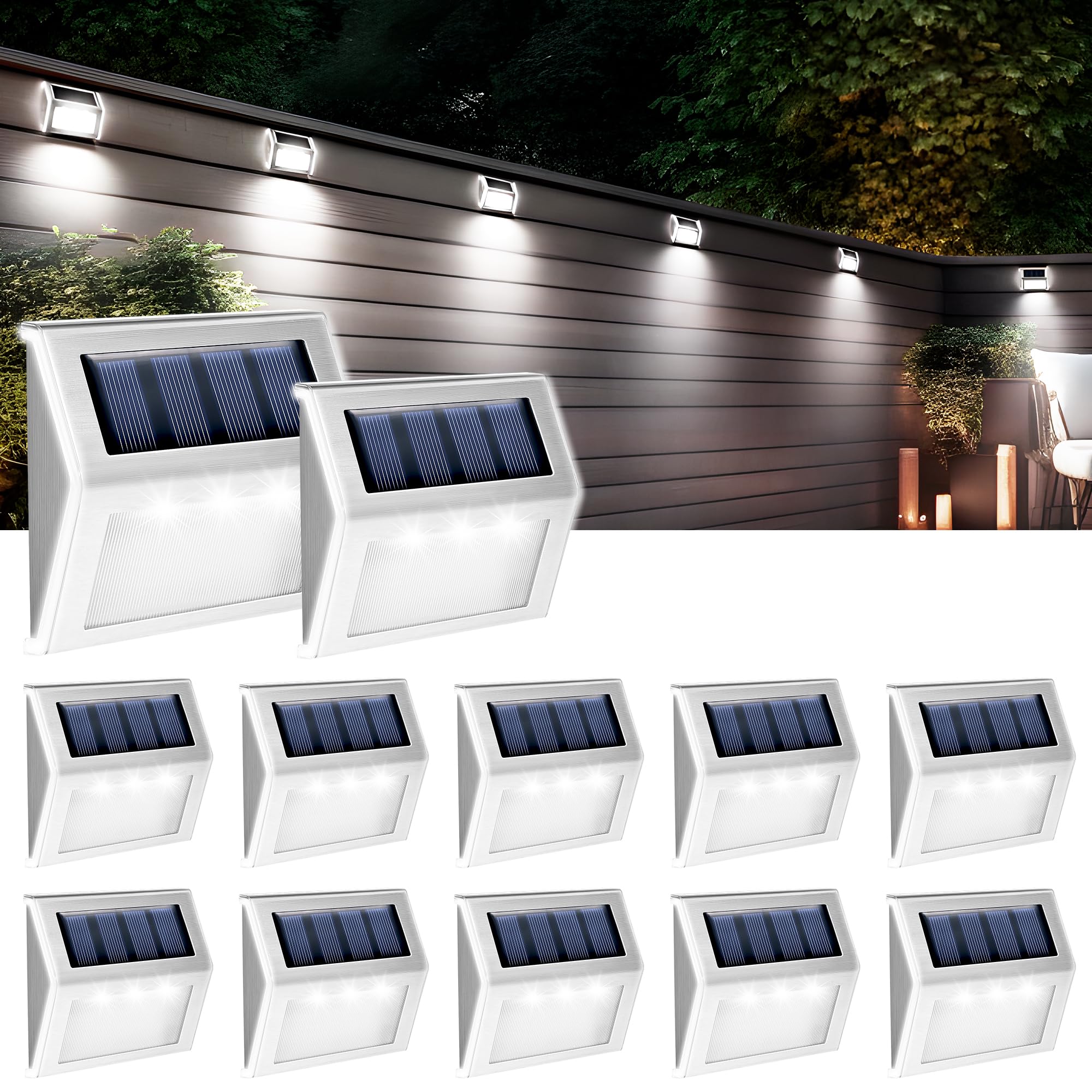 GIGALUMI 12 Pack Solar Fence Lights Outdoor, Waterproof LED Step Lighting Stainless Steel Solar Powered Lights for Step, Stairs,