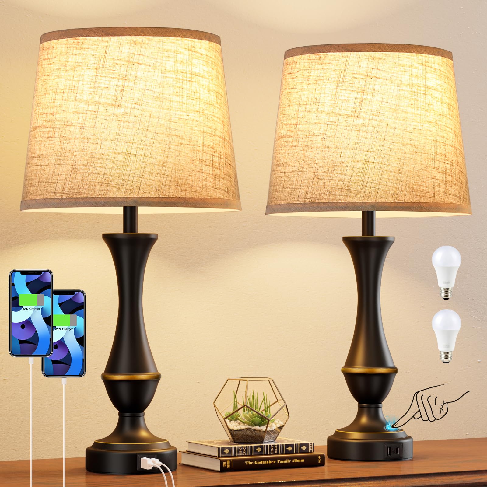Seealle Touch Lamps Set of 2 - 3 Way Dimmable, Metal, Beige Shade & Black Base, USB C+A, Ideal for Bedroom, Living Room, Office