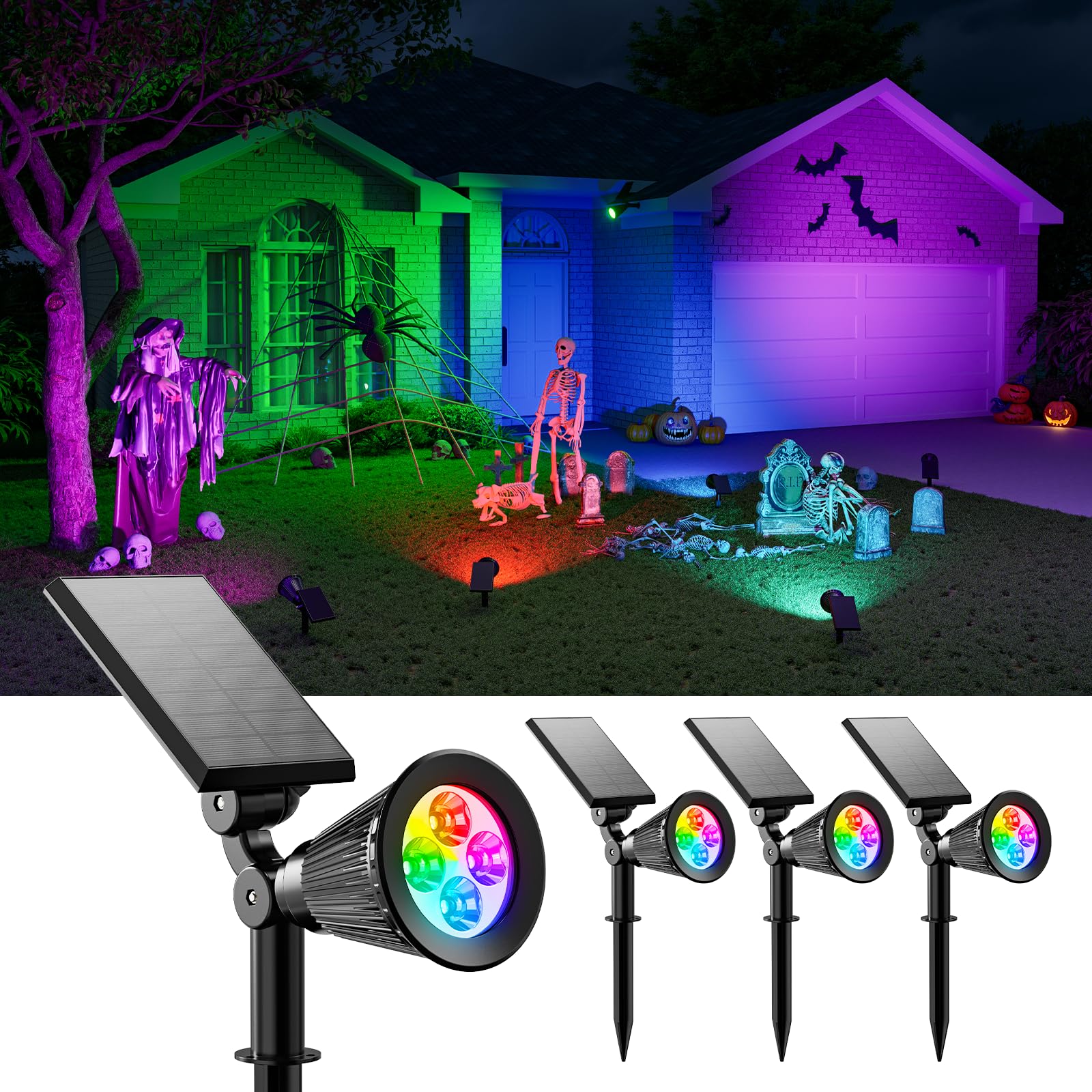 FALOVE 4 Pack Color Changing Solar Spot Lights Waterproof Landscape Flood Lamp FA0502-RGB for Yard Garden Patio Decor