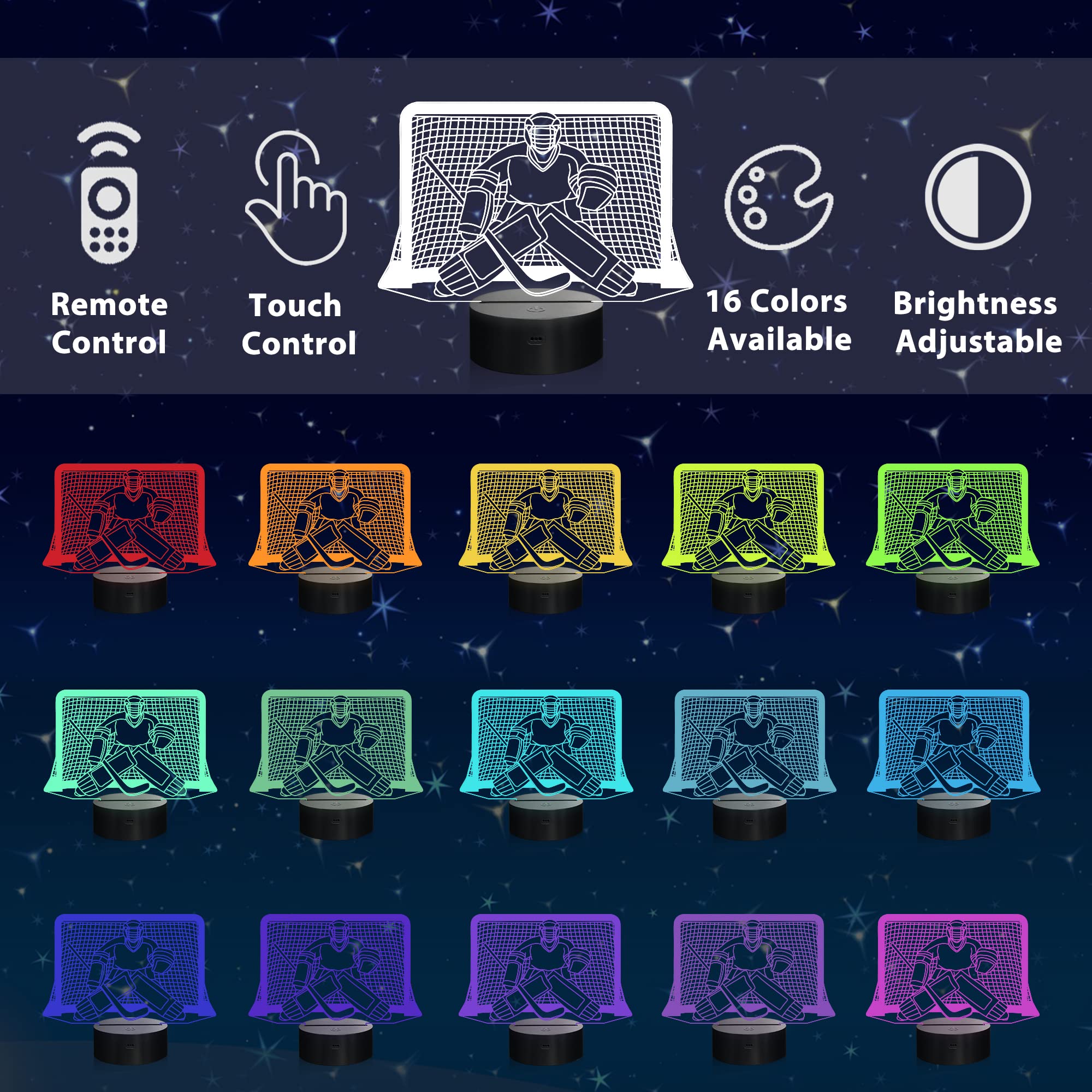 Ammonite Ice Hockey Night Light, Hockey Goalie 3D lamp 16 Color Changing with Remote Control and Timer, Mens Ice Hockey Decor Li