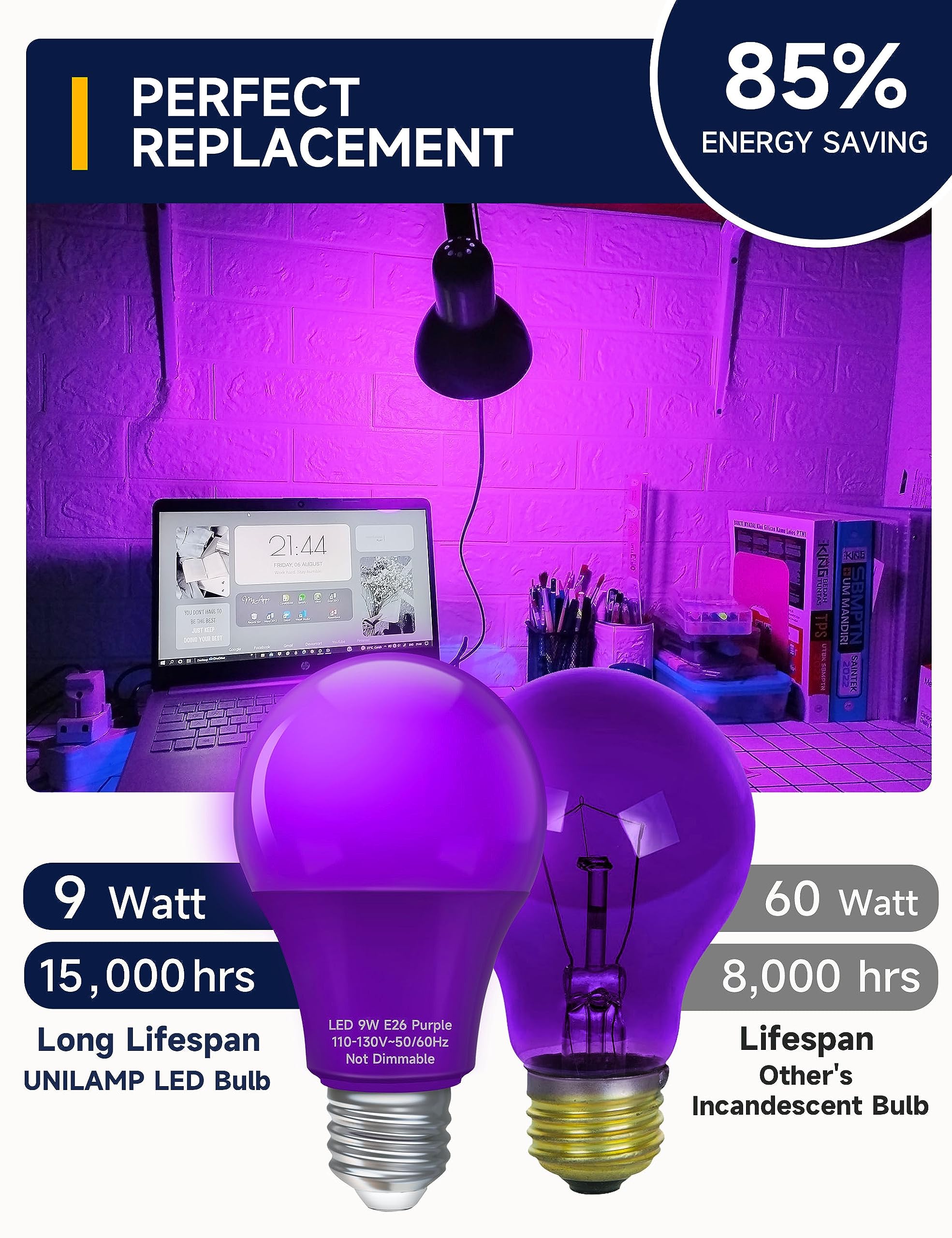 UNILAMP A19 Purple Light Bulb, 9W Equivalent 60Watt, Purple LED Bulb, LED Orange Colored Light Bulbs, E26 Base for Christmas Hal