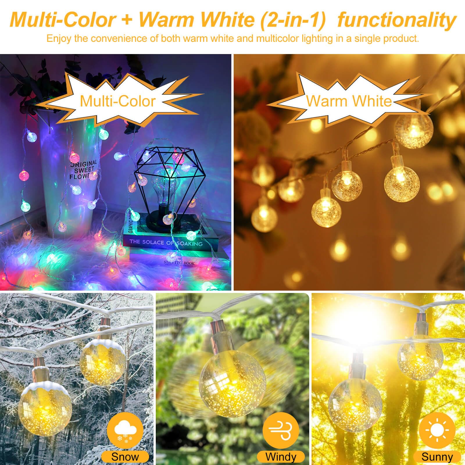 Rxment 50Ft Multicolor & Warm White String Lights, Extendable Crystal Globe For Indoor & Outdoor