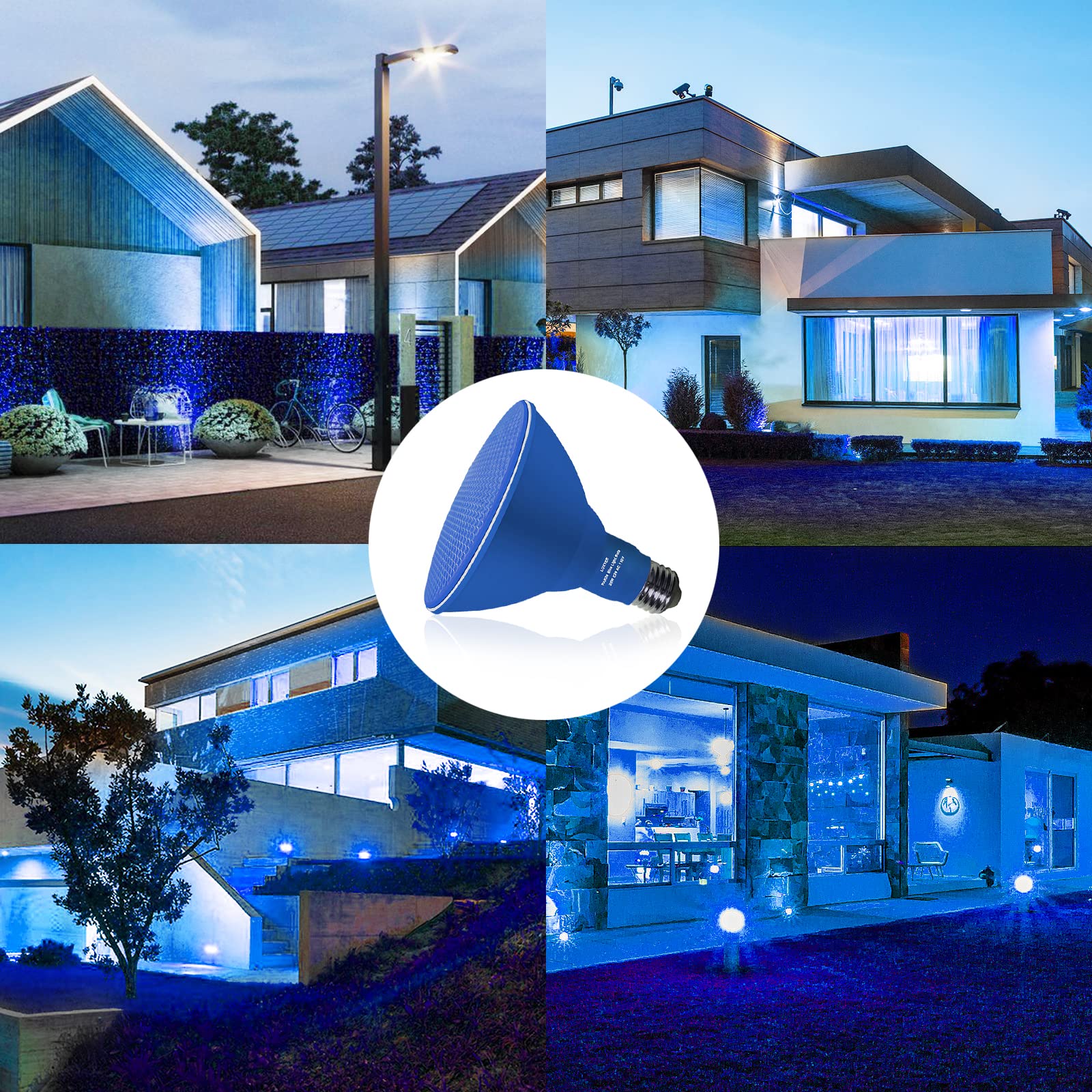 Gonhom PAR38 Dimmable LED Flood Light Bulbs, 20W (200W Equivalent), 4 Pack, Blue, E26 Base for Outdoor & Holiday Lighting