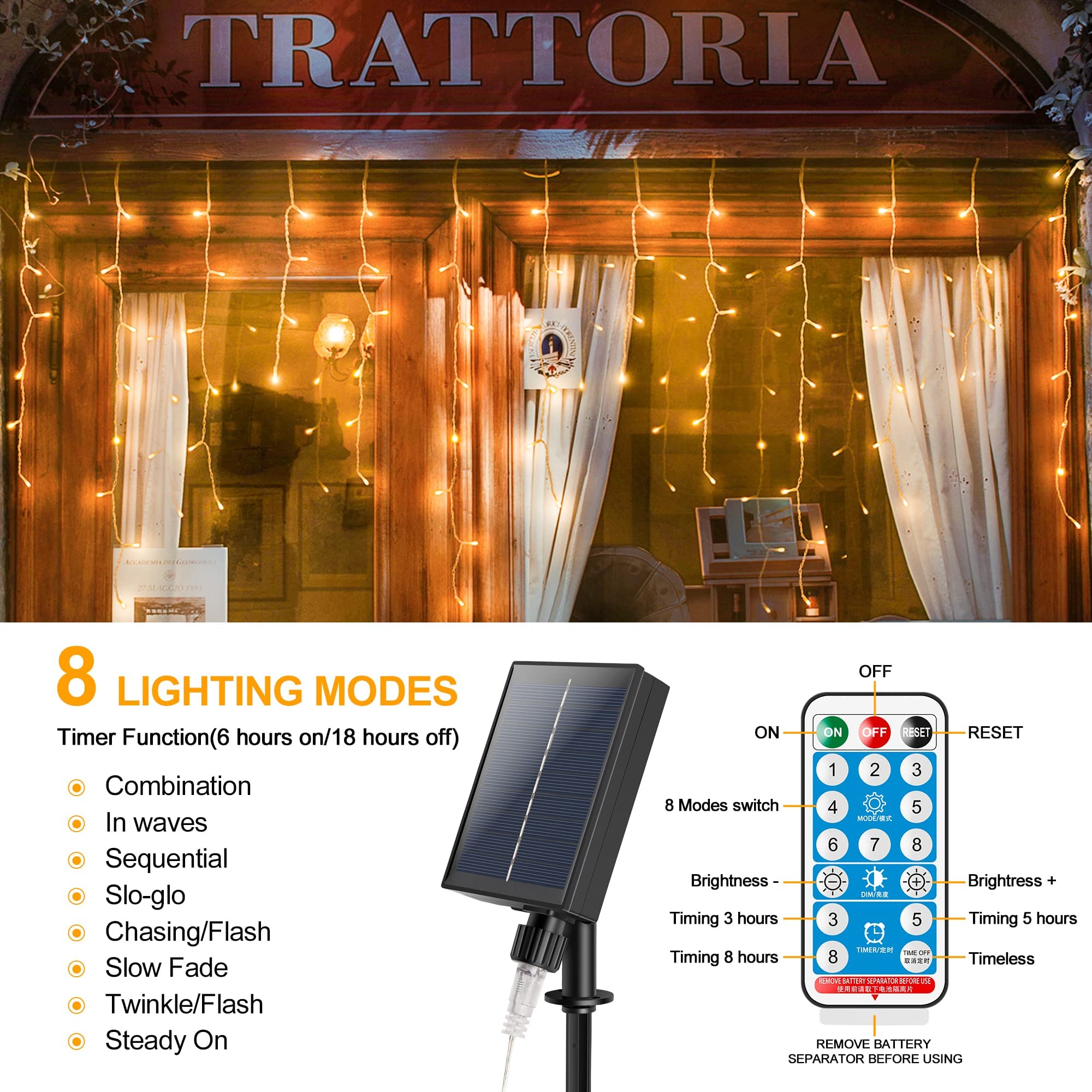 mimigogo 300 LED Solar Icicle Lights, 33ft, 8 Modes, Warm White, Outdoor String Lights for Christmas Holiday Wedding Party Decorations