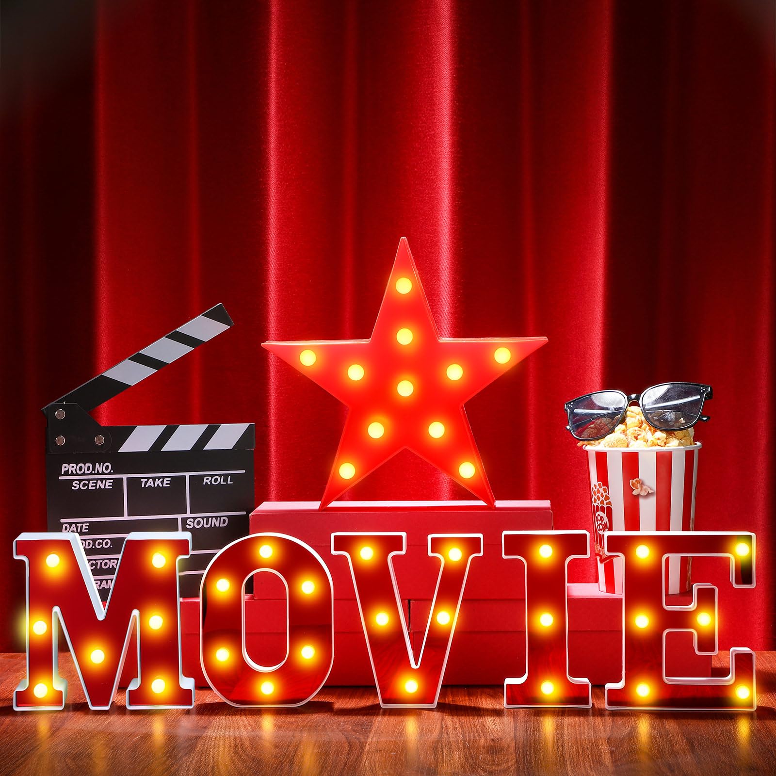 Aurelema LED Light Up Movie Night Letters Sign, 7 Pcs Decorations, 6.3in  Height, Red, Model MJO-Aurelema-1534