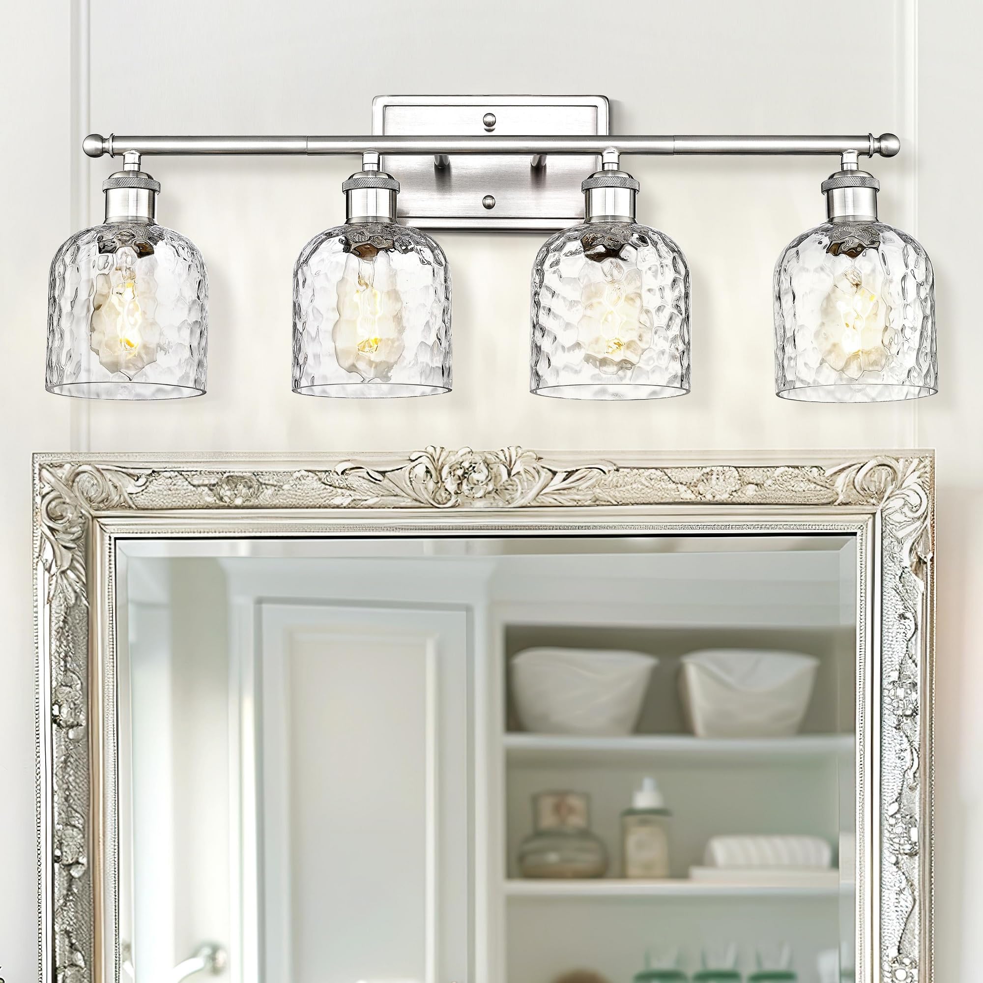 Zeyu 27 Inch Bathroom Wall Light Over Mirror, 4-Light Vanity Lighting Fixture, Brushed Nickel Finish With Clear Hammered Glass,