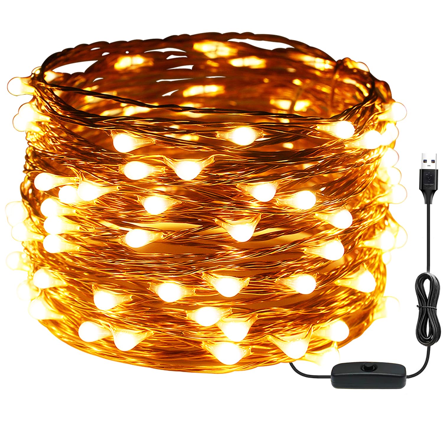 Ruichen 33Ft 100 Led Warm White Copper Wire Fairy String Lights With On/Off Switch