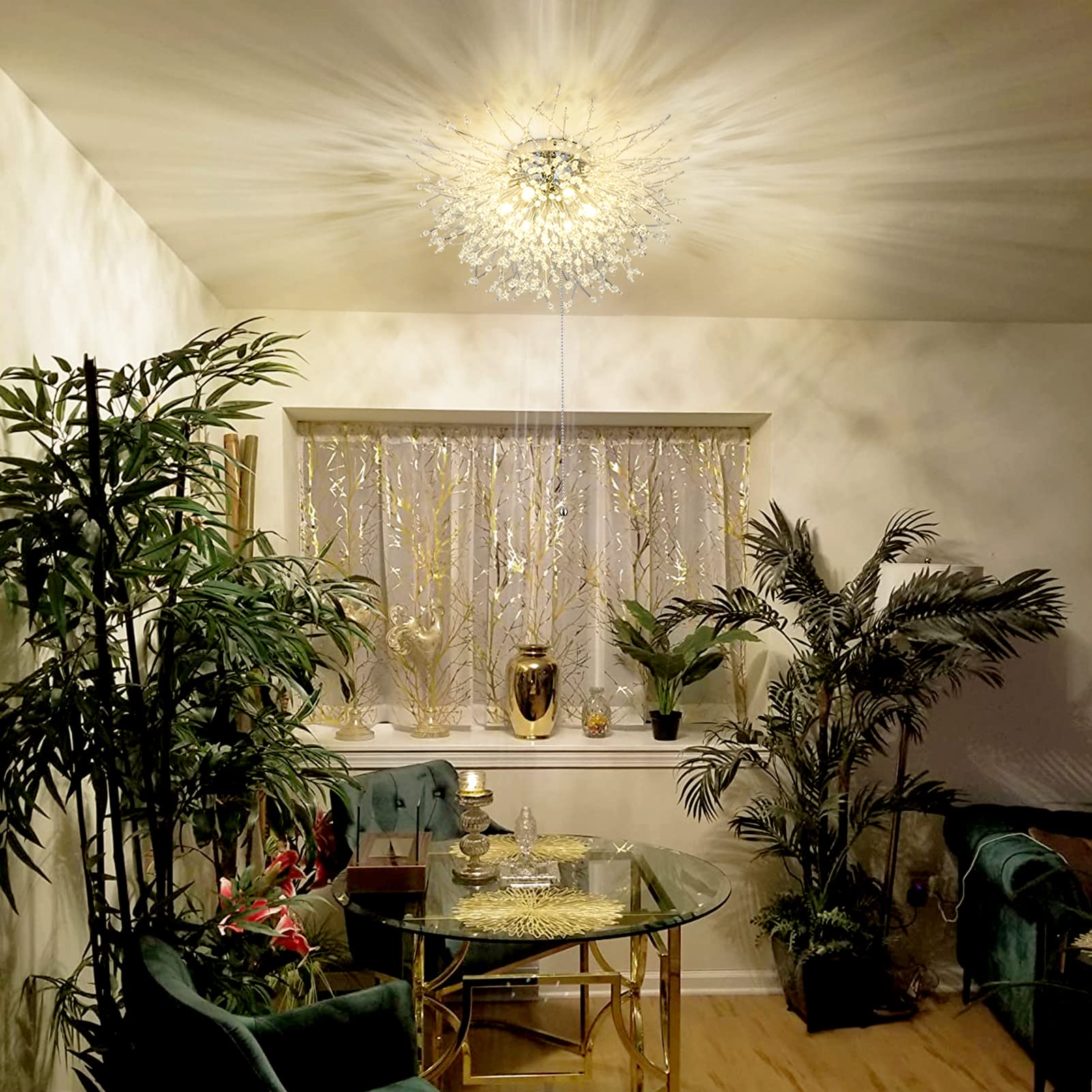 Hmvpl Crystal Flush Mount Ceiling Light Fixture With Pull Chain On/Off Switch, Led Close To Ceiling Lamp, Pull Chain Light Fixtu