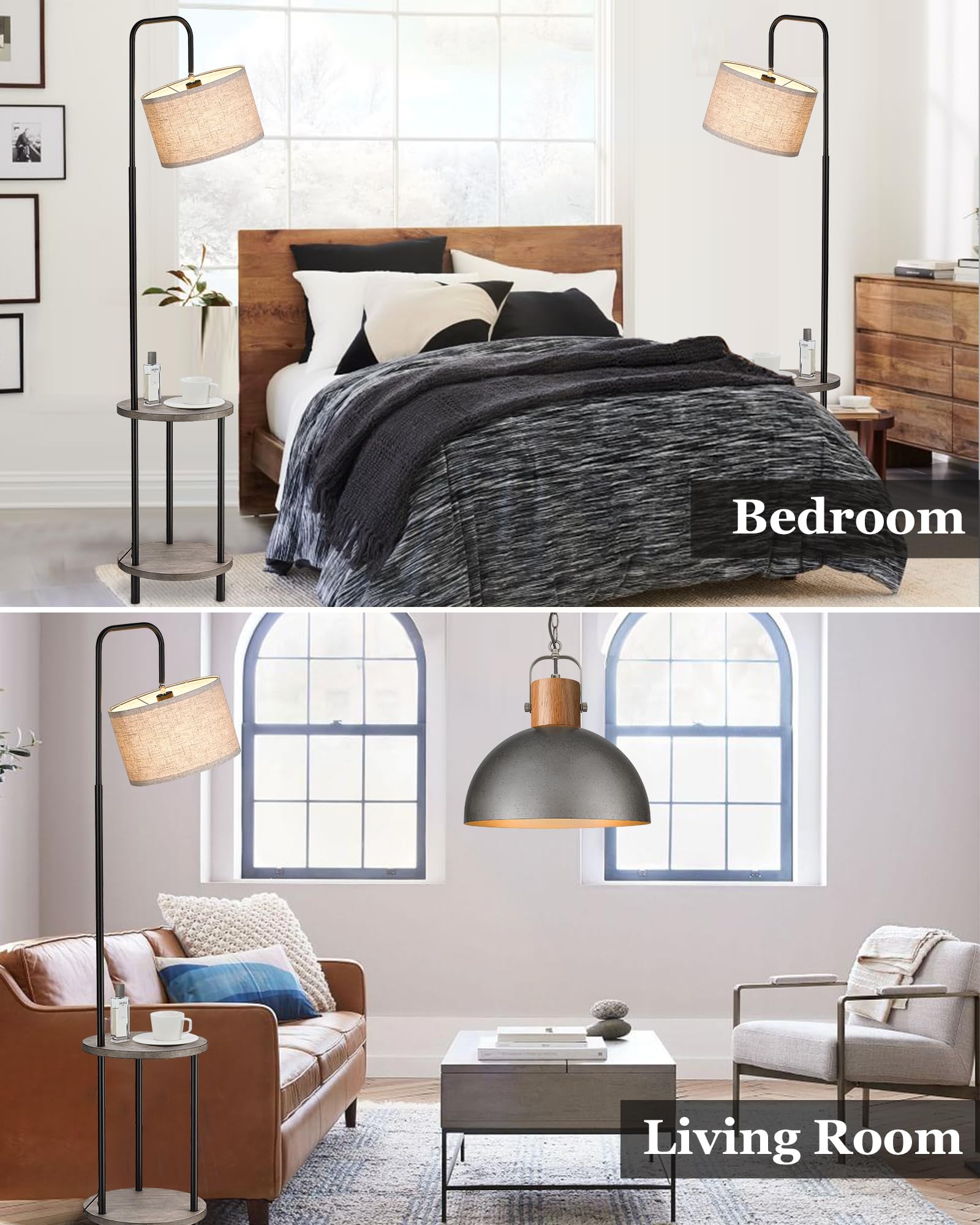 Elyona Solid Wood Floor Lamp - Rustic Side Table Lamp For Bedroom & Living Room - Mid Century Modern Floor Lamp With 3 Color Tem