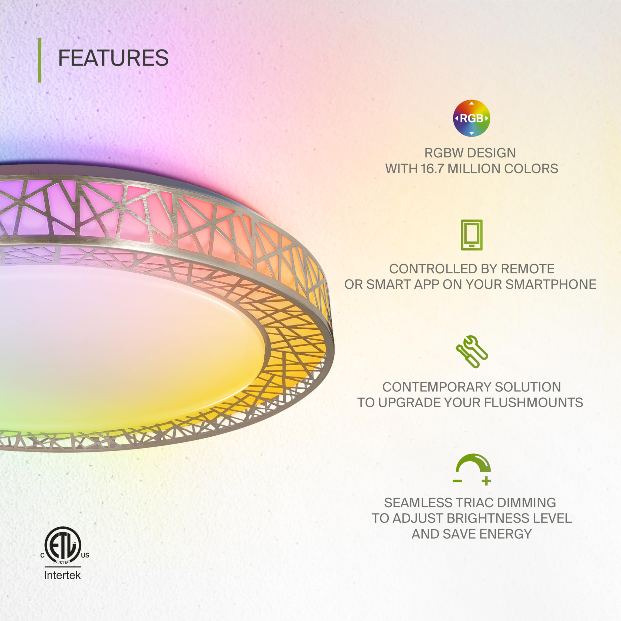 ASD Smart RGBW Ceiling Light Fixture - 20 Inch, Dimmable, Brushed Nickel, WiFi Control, Model A-LFM20D42SRGBW-N