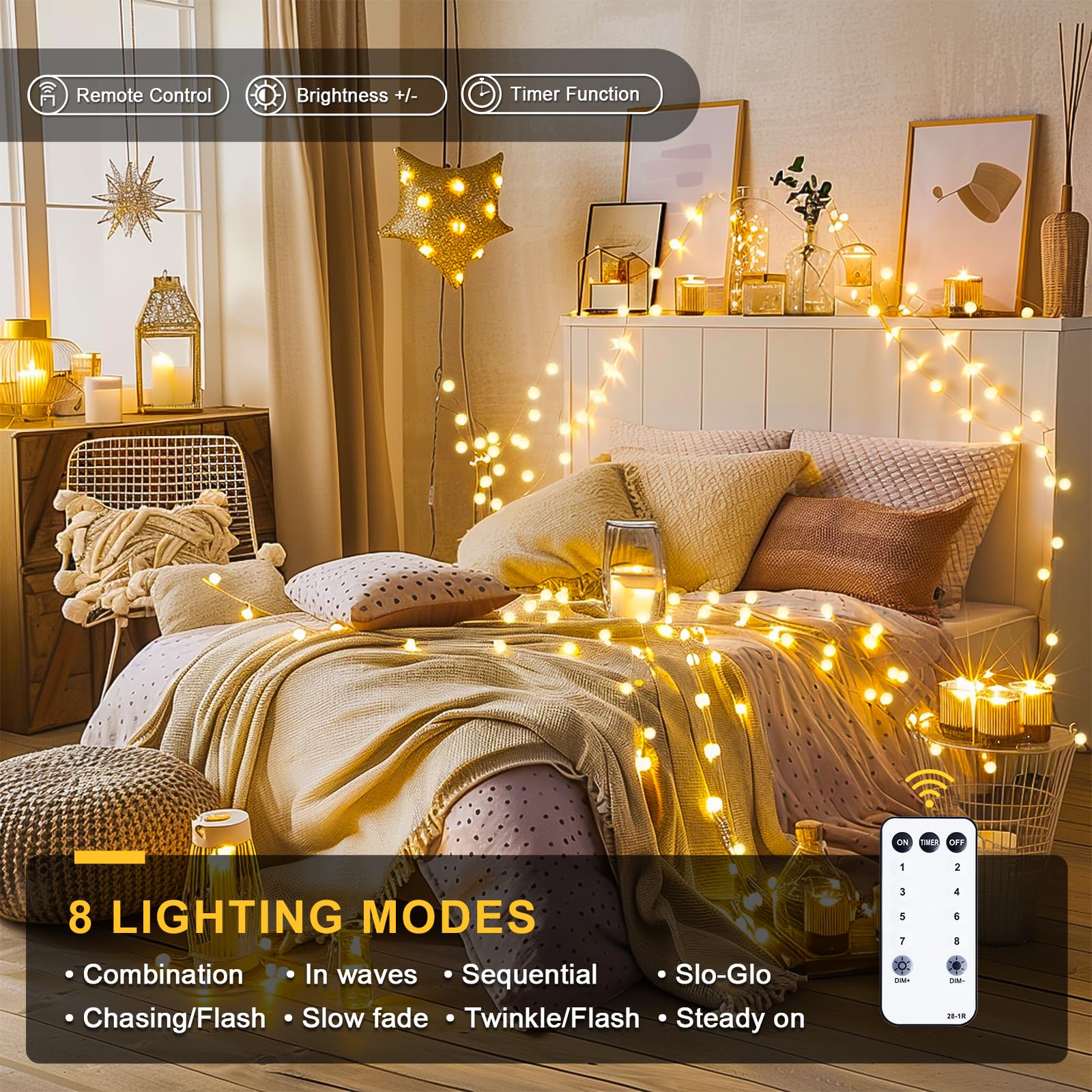 JMEXSUSS 100ft Globe String Lights 200 LED Warm White Waterproof Plug-in with Remote, Model EXS-S-0100-R