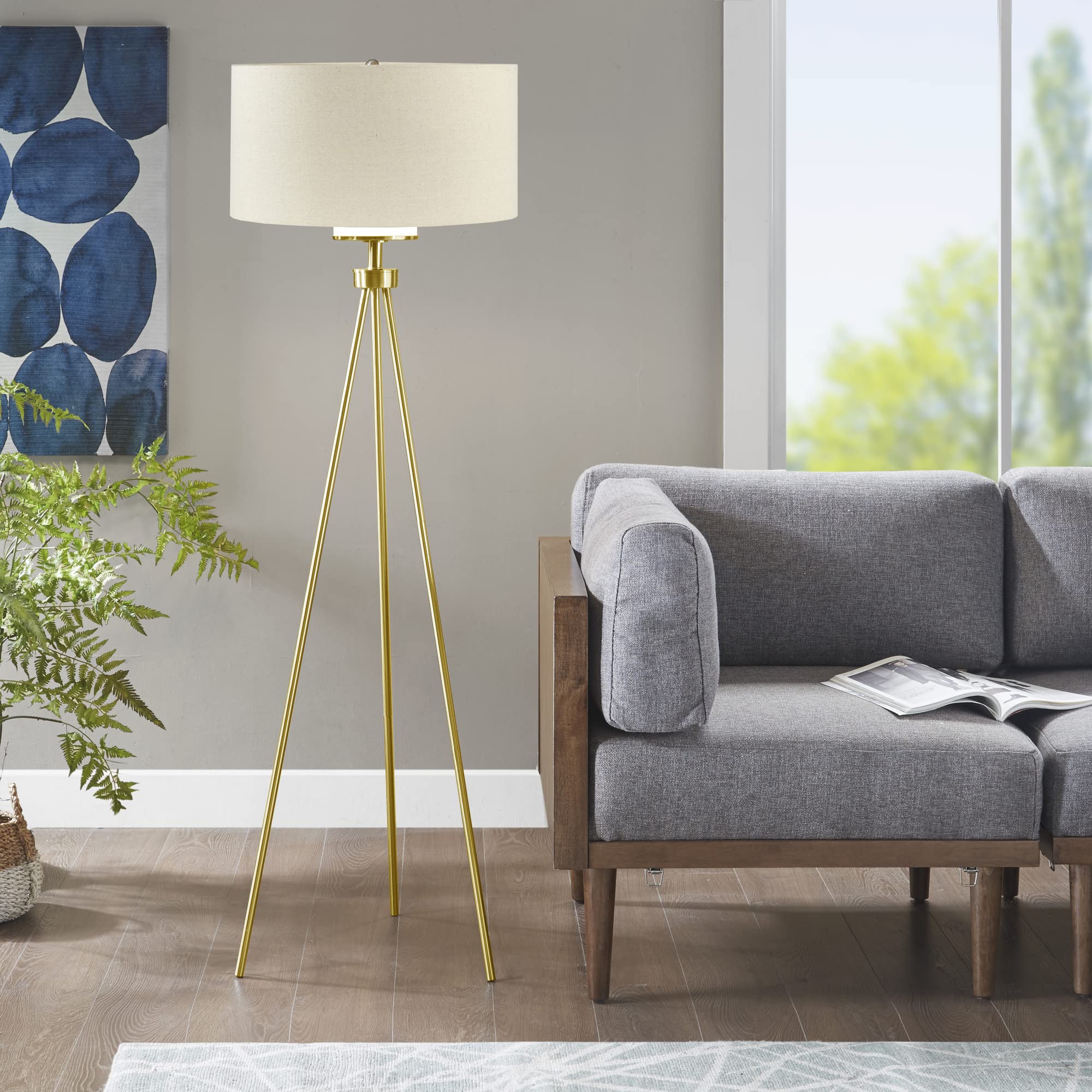 INK+IVY Pacific Floor Lamp - Tripod Gold Metal Base, White Drum Shade, 20inDia x 66.5inH, Model FPF21-0367