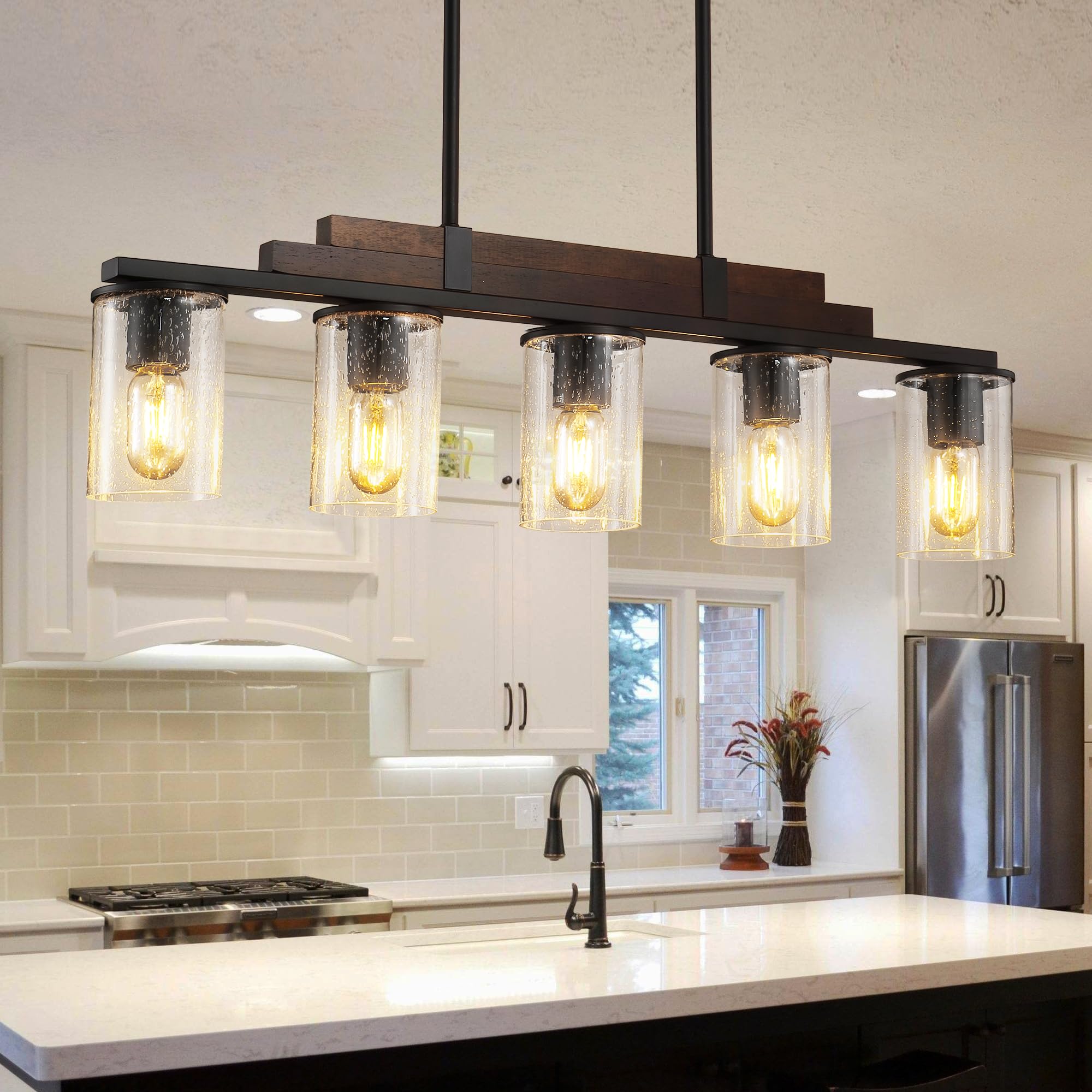 Farmhouse Wood Kitchen Island Lighting  3-Light Adjustable Chandelier for Dining Room  Seeded Glass Shade Dining Room Light Fixture Over Table  Black Hanging Pendant Lights for Kitchen  Pool Table