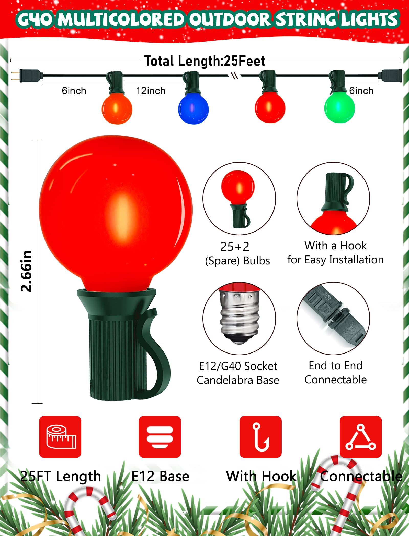 25Ft Led Christmas Outdoor String Lights  G40 Globe Edison Lights With 27 0.6W Baked Multicolor Bulbs  Vintage Ceramic Lights For Holiday Party Backyard Wedding Garden Patio Porch Decor  Green Wire