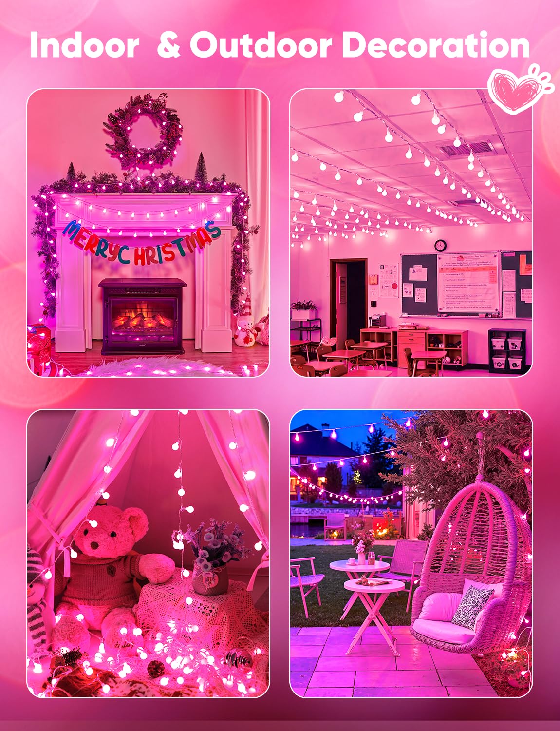 Minetom Globe String Lights  33 Feet 100 Led Fairy Lights Plug In  8 Modes With Remote Mini Globe Lights For Indoor Outdoor Bedroom Party Wedding Garden Christmas Tree Decor  Pink