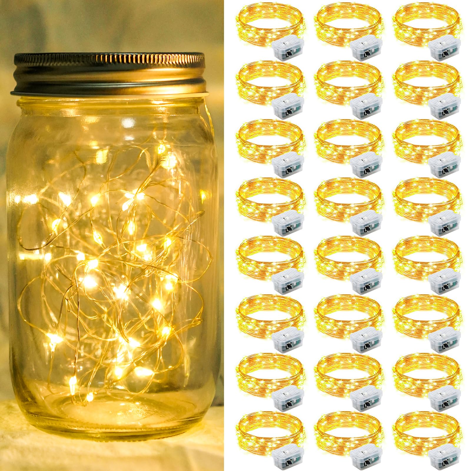 chzk 24 Pack Fairy Lights 7Ft 20 LED Twinkle String Lights Battery Operated Warm White Copper A01-Mini