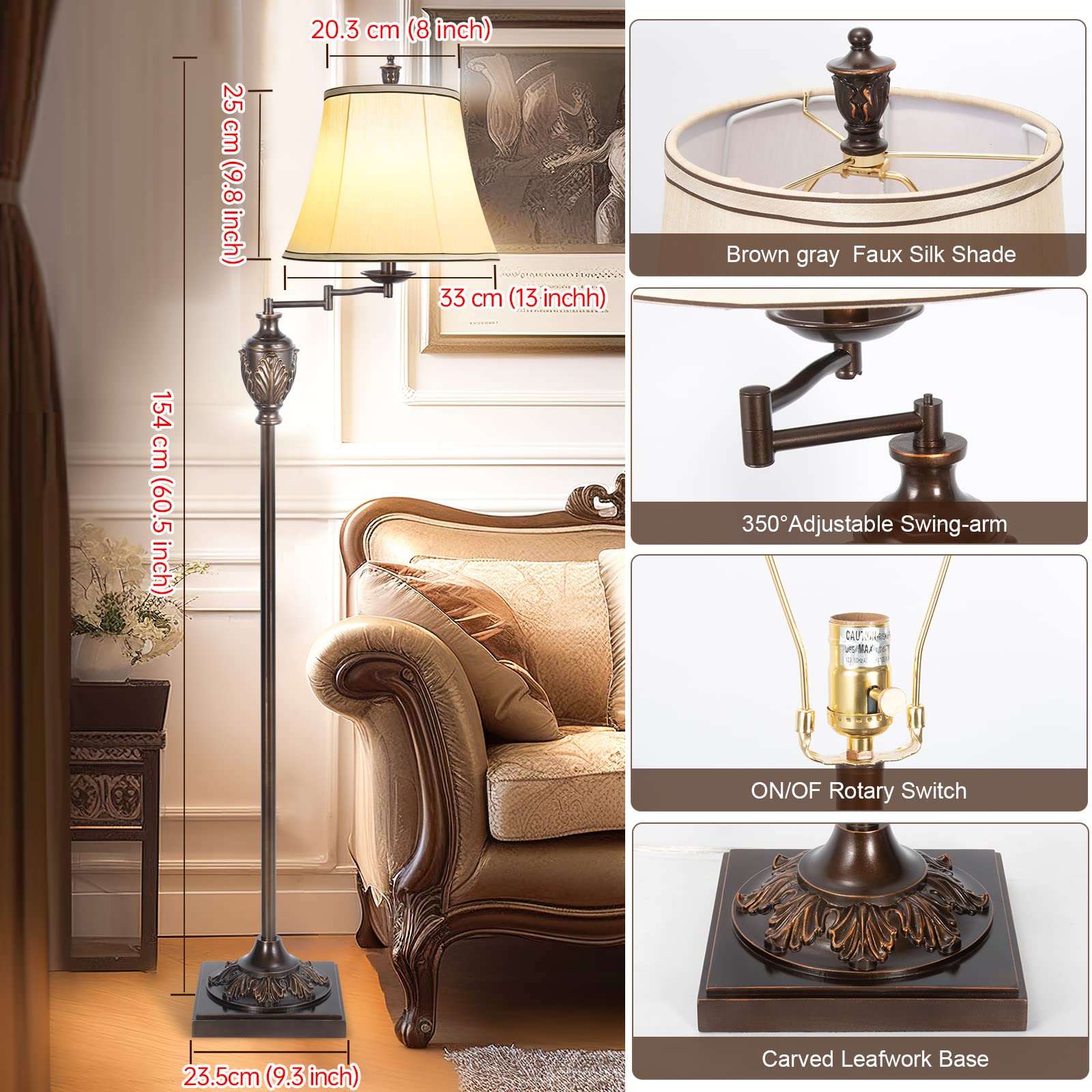 AIDENOEY Traditional LED Floor Lamp with Adjustable Swing Arm, Brown, Model HYFLOOR002, Faux Silk Shade, Ideal for Living Room and Office