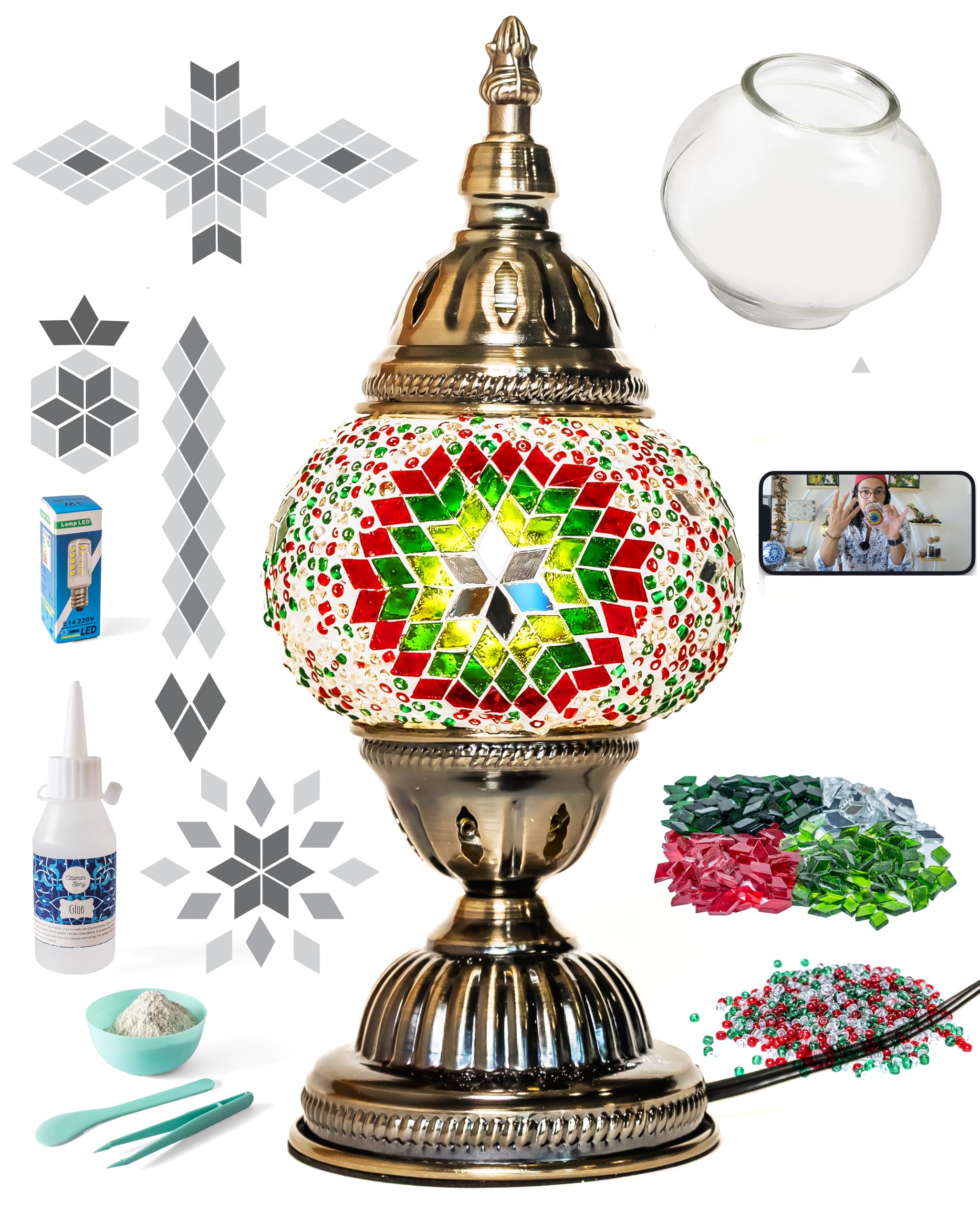 KRAFTSTORIES Turkish Mosaic Lamp Kit DIY Glass Night Light, 11 inches, Antique Bronze Base, Christmas
