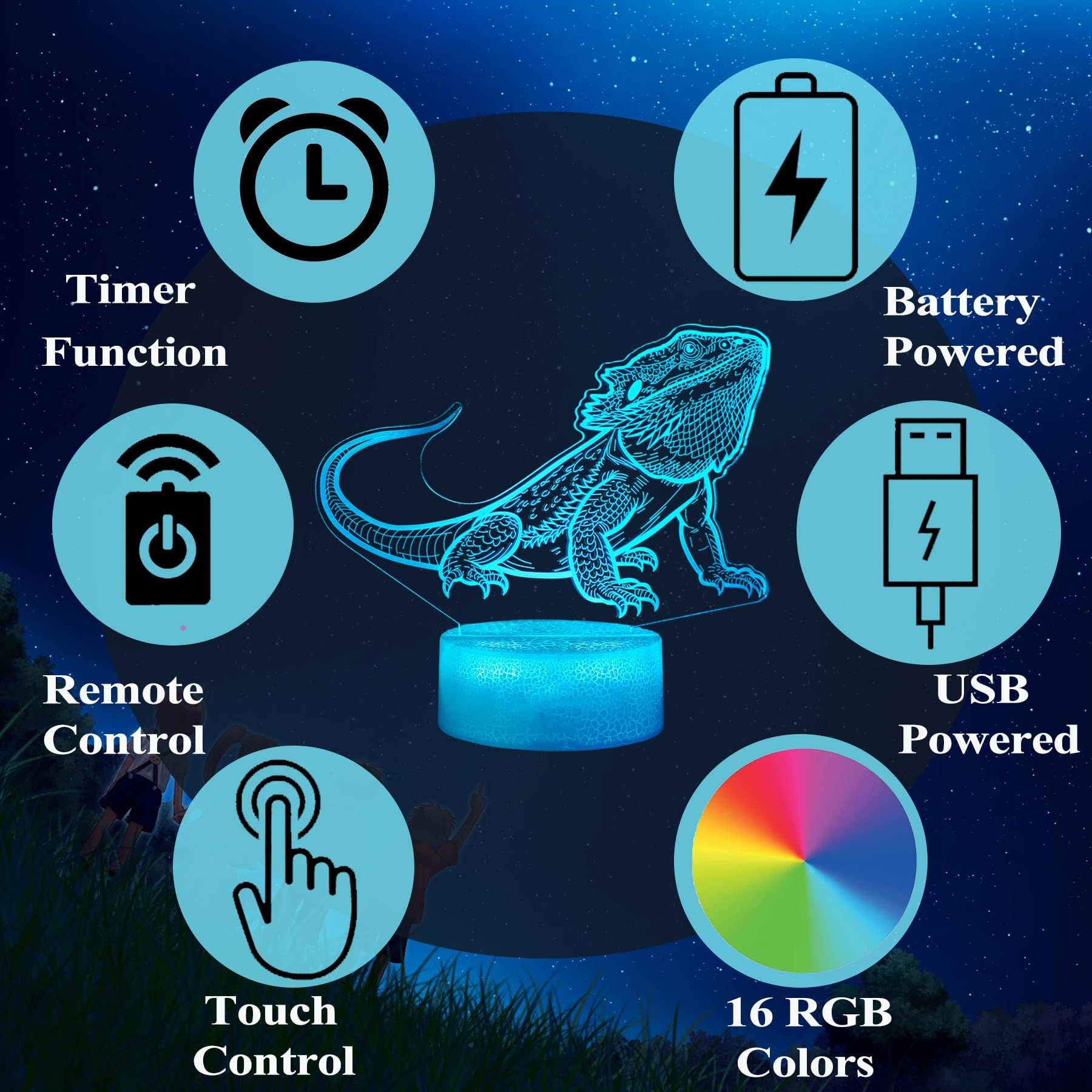 POSSHE 3D Bearded Dragon Night Light, 16 Color Remote Control, MY-3D LAMP-CRACK