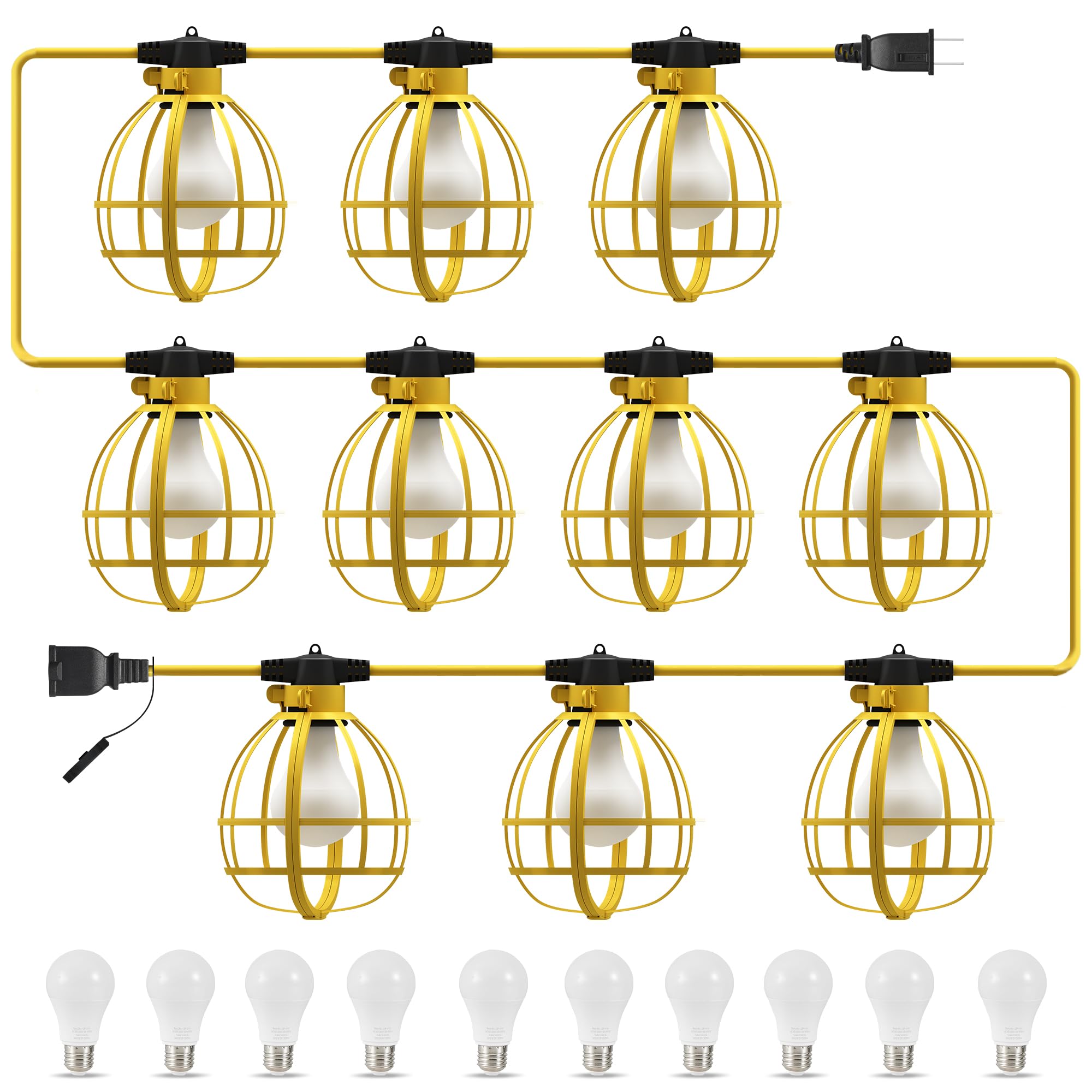 Lediary 100Ft Construction String Lights, 10 Bulbs 100W 10500Lm String Work Lights With 10 Medium Base Sockets, Linkable Jobsite Lights, Weatherproof Temporary Lighting Indoor&Outdoor