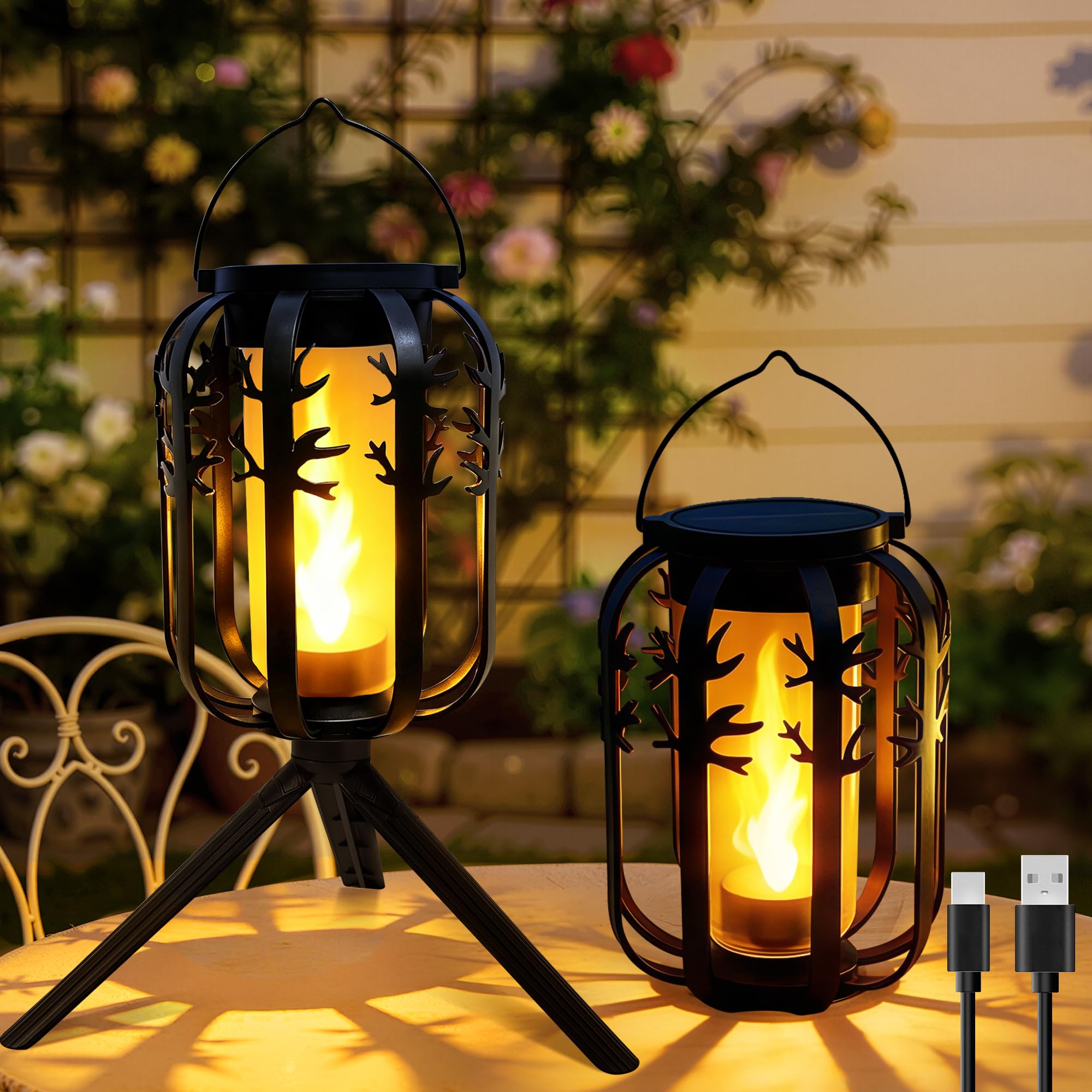 Ollny 2 Pack Solar Lanterns Outdoor Waterproof, Upgraded Flickering Flame Solar Lights Outdoor, Dual Charging (USB/Solar), 4 Mod