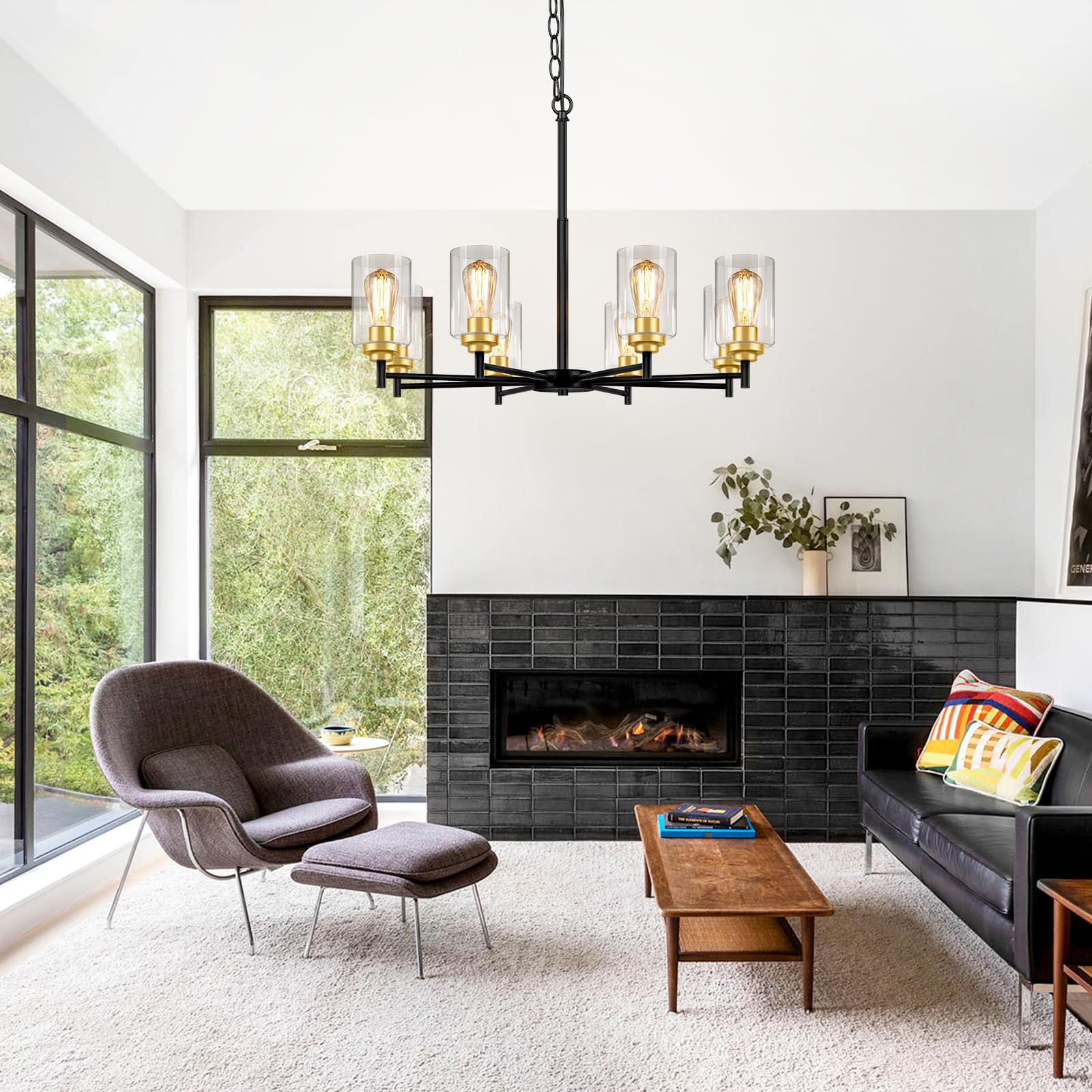 Sucolite 8-Light Black & Gold Chandelier - Modern Farmhouse Pendant Lighting For Dining Room, Height Adjustable, Model 3358-P8-Bk
